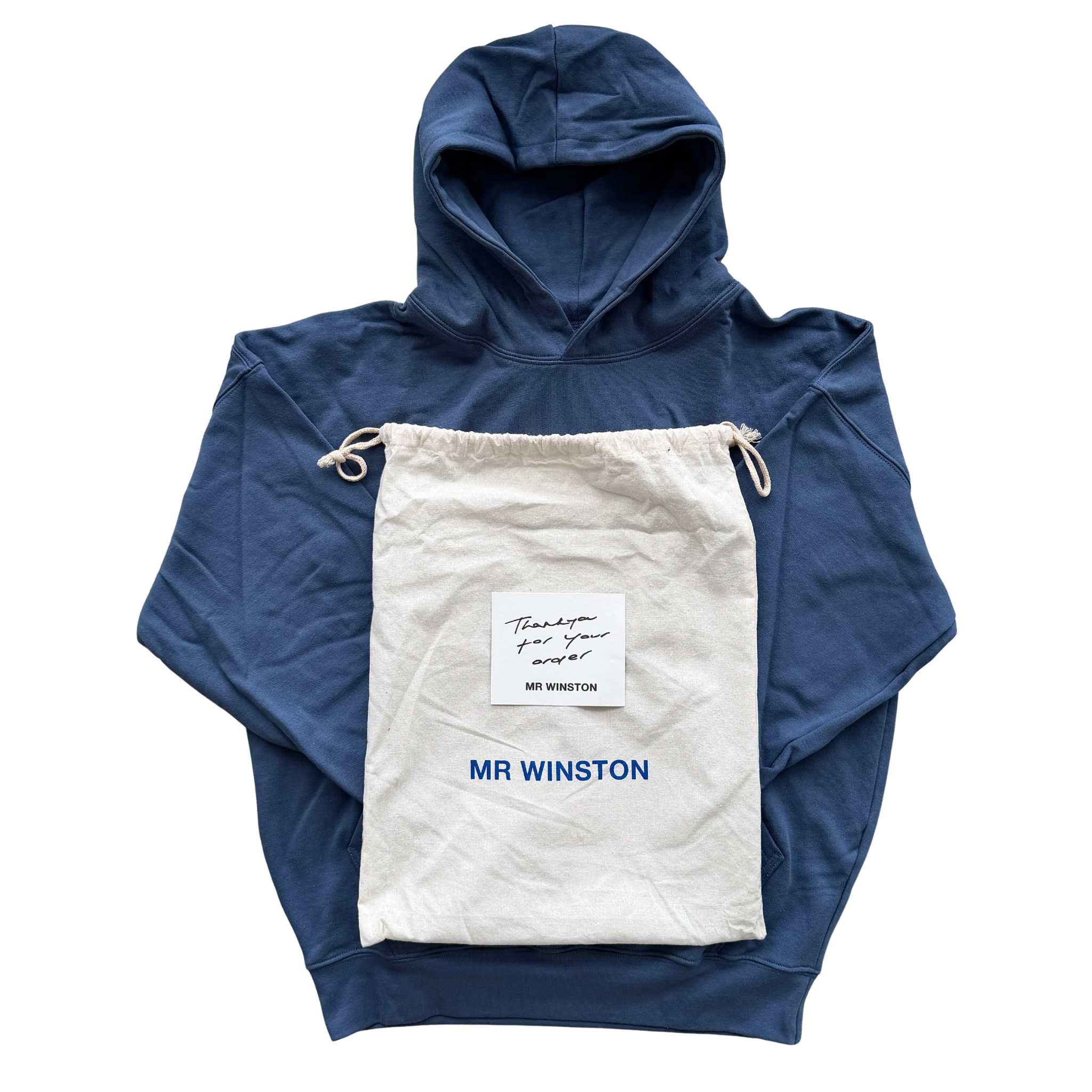 Mr Winston navy hooded sweatshirt with front logo detail, shown laid flat.