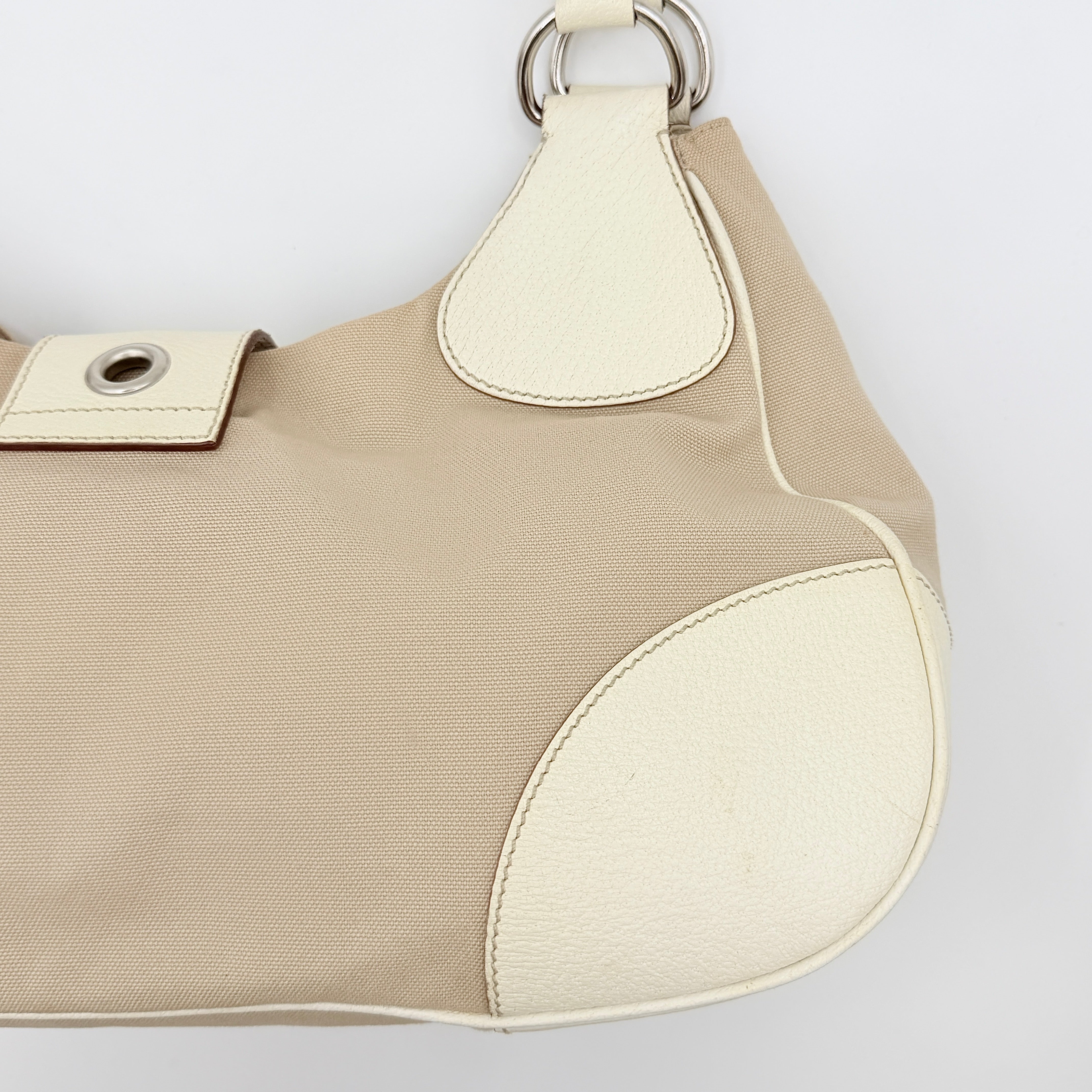 Prada Enamelled Moon Shoulder Bag Beige/Cream
