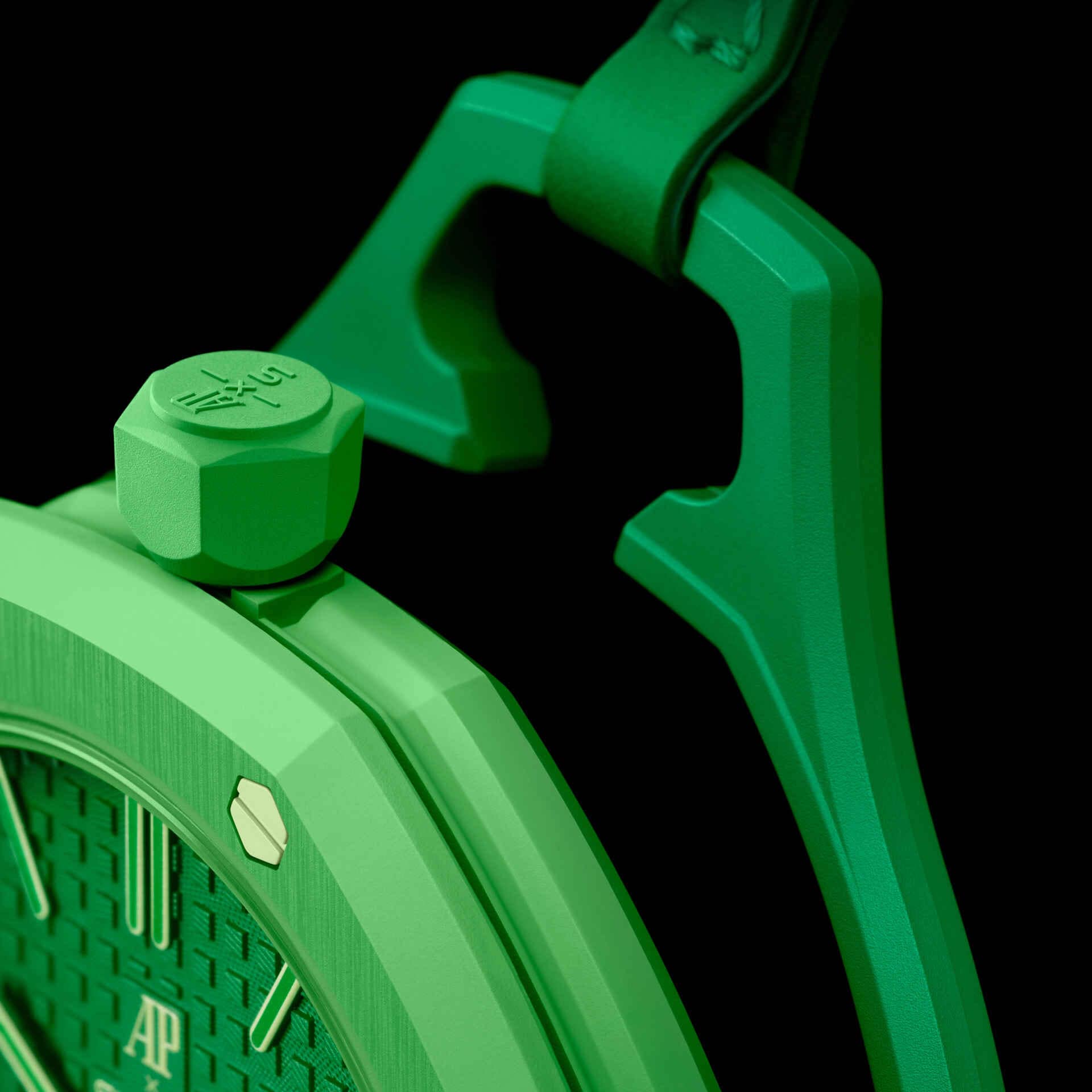 Front view of the Swatch x Audemars Piguet Royal Pop Green Eight with green octagonal case and lanyard.
