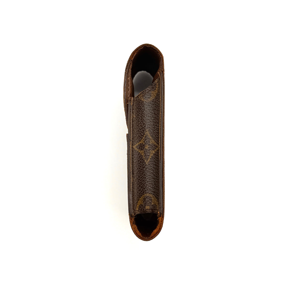 Louis Vuitton Monogram Cigarette Case in brown canvas with flap opening, photographed front-facing on a white background.