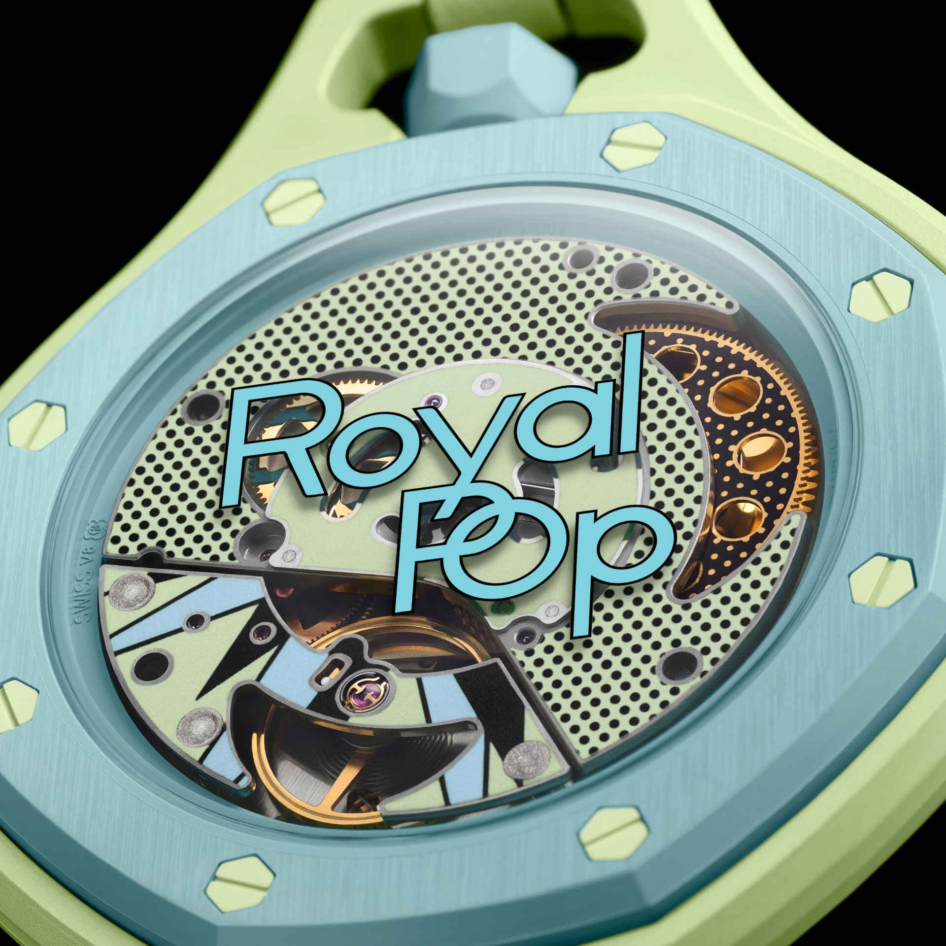 Swatch x Audemars Piguet Royal Pop Blaue Acht pendant watch in pastel green and blue, shown suspended on a matching strap.