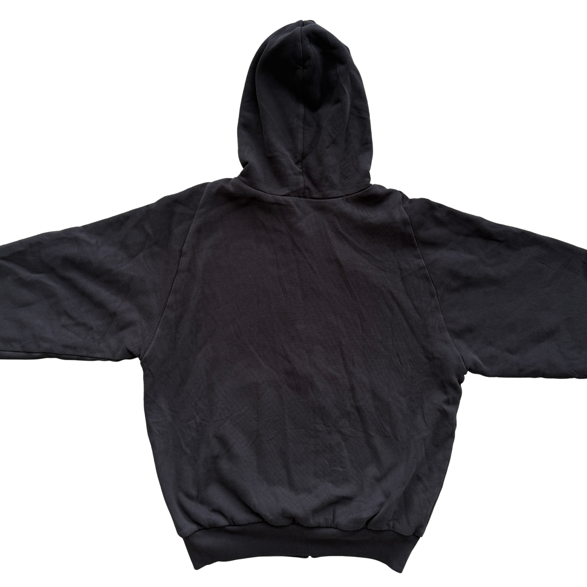 Yeezy x Gap black zip up hoodie with hood, displayed flat to show front and pocket details.