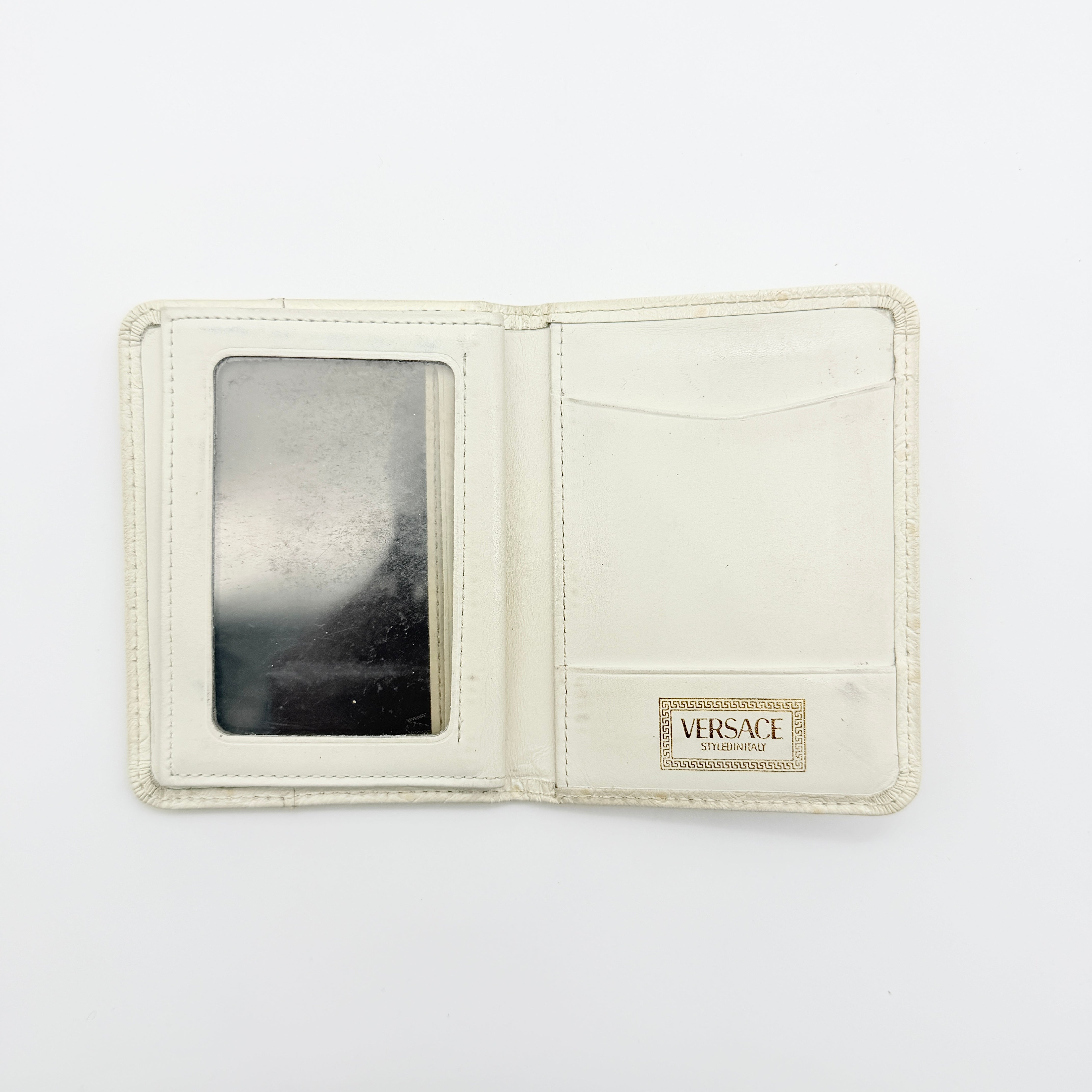 Versace Ostrich Leather Sunburst Medallion Card Case Cream/Gold