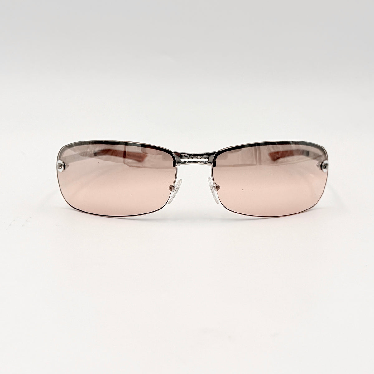Dior Adiorable 3/L rimless sunglasses with rose pink gradient lenses and silver frame, presented with Dior hard case.