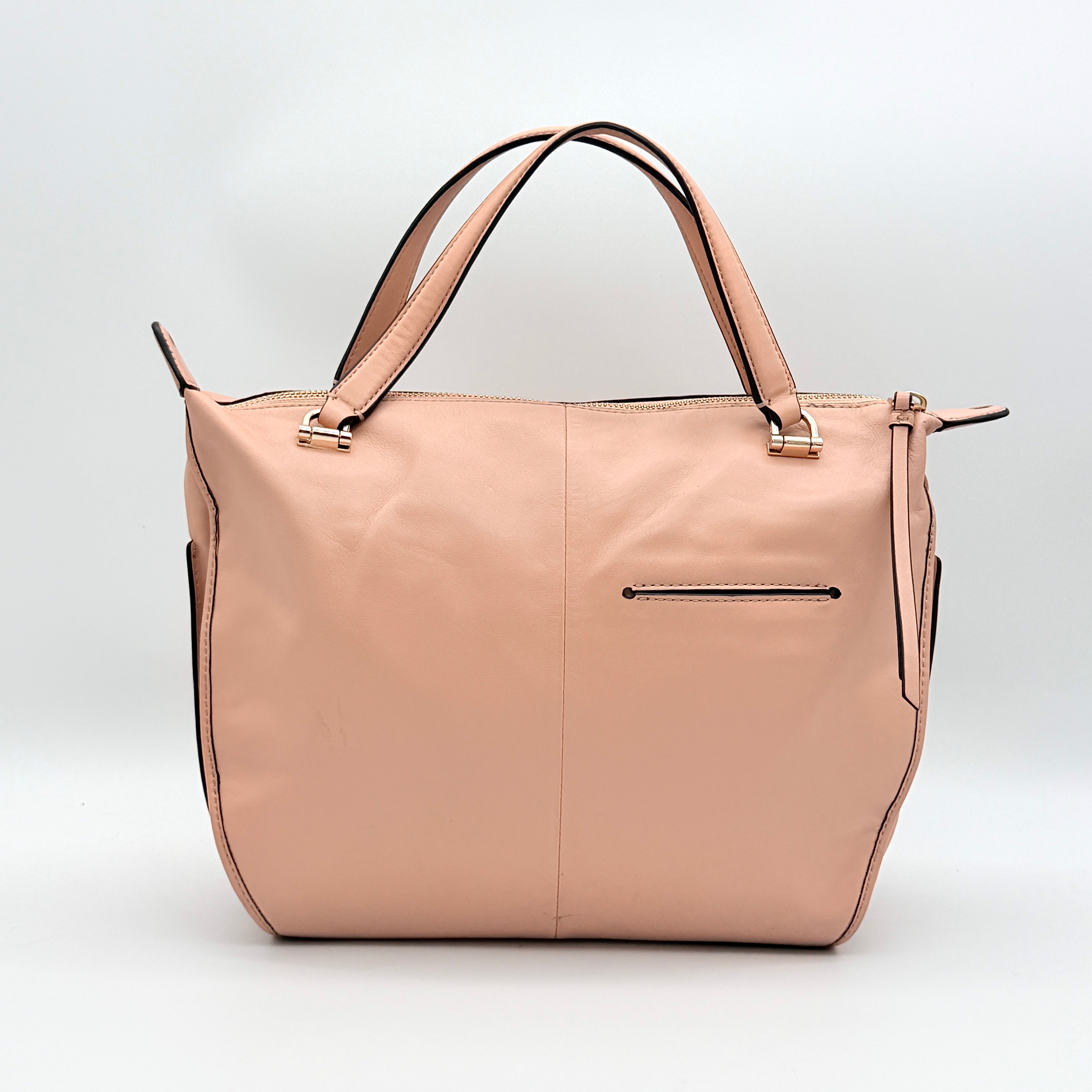 Coach Madison Smythe Satchel in blush pink leather with gold-tone hardware and detachable strap.
