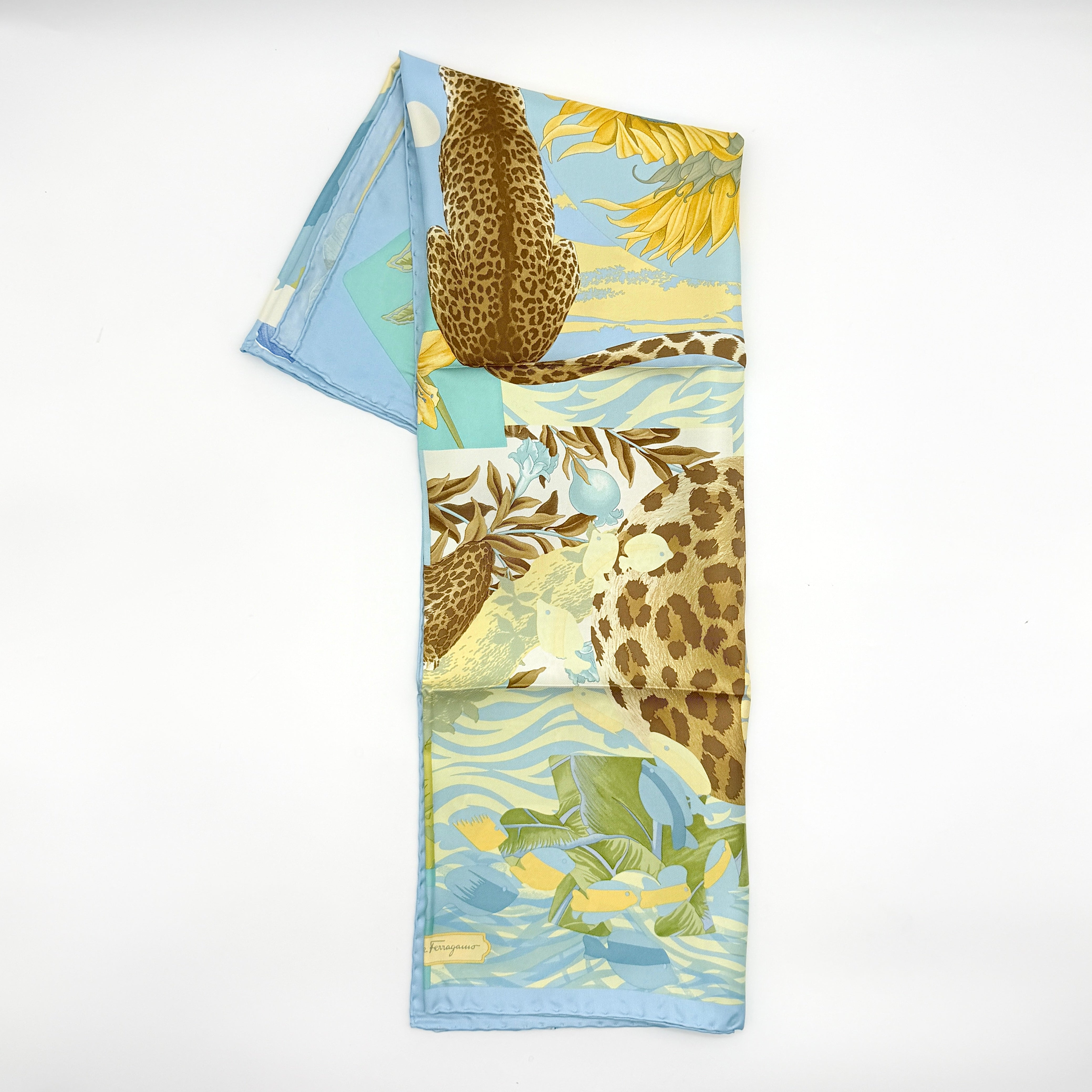 Salvatore Ferragamo Jungle Print Silk Scarf Blue