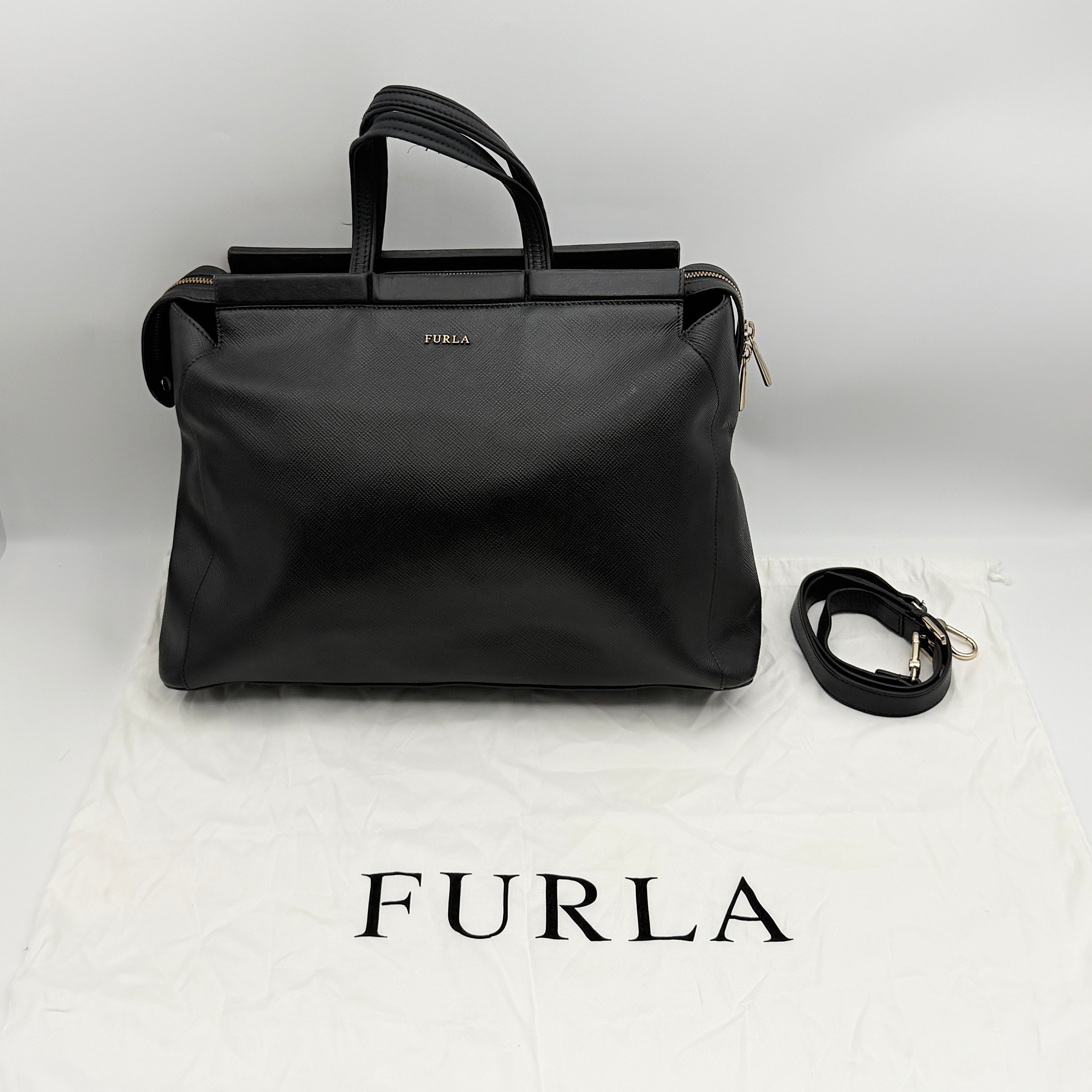 Furla 2Way Leather Zip Top Tote Bag Black