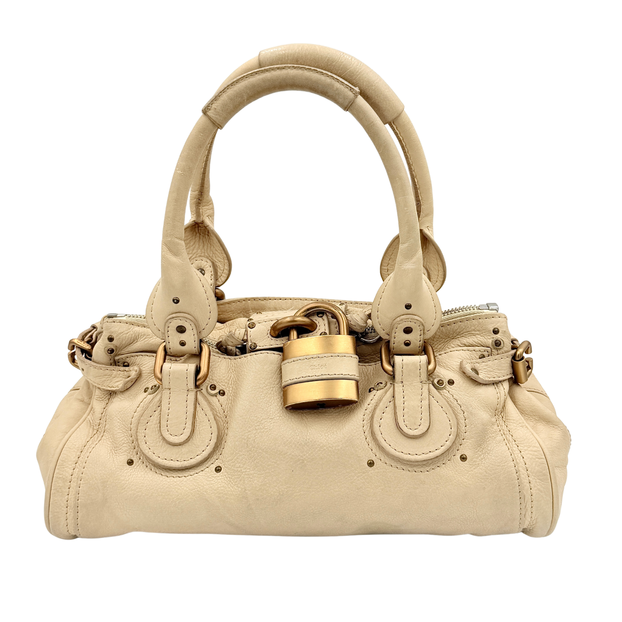 Chloé Paddington Shoulder Bag in ivory leather with signature brass padlock and double rolled handles.