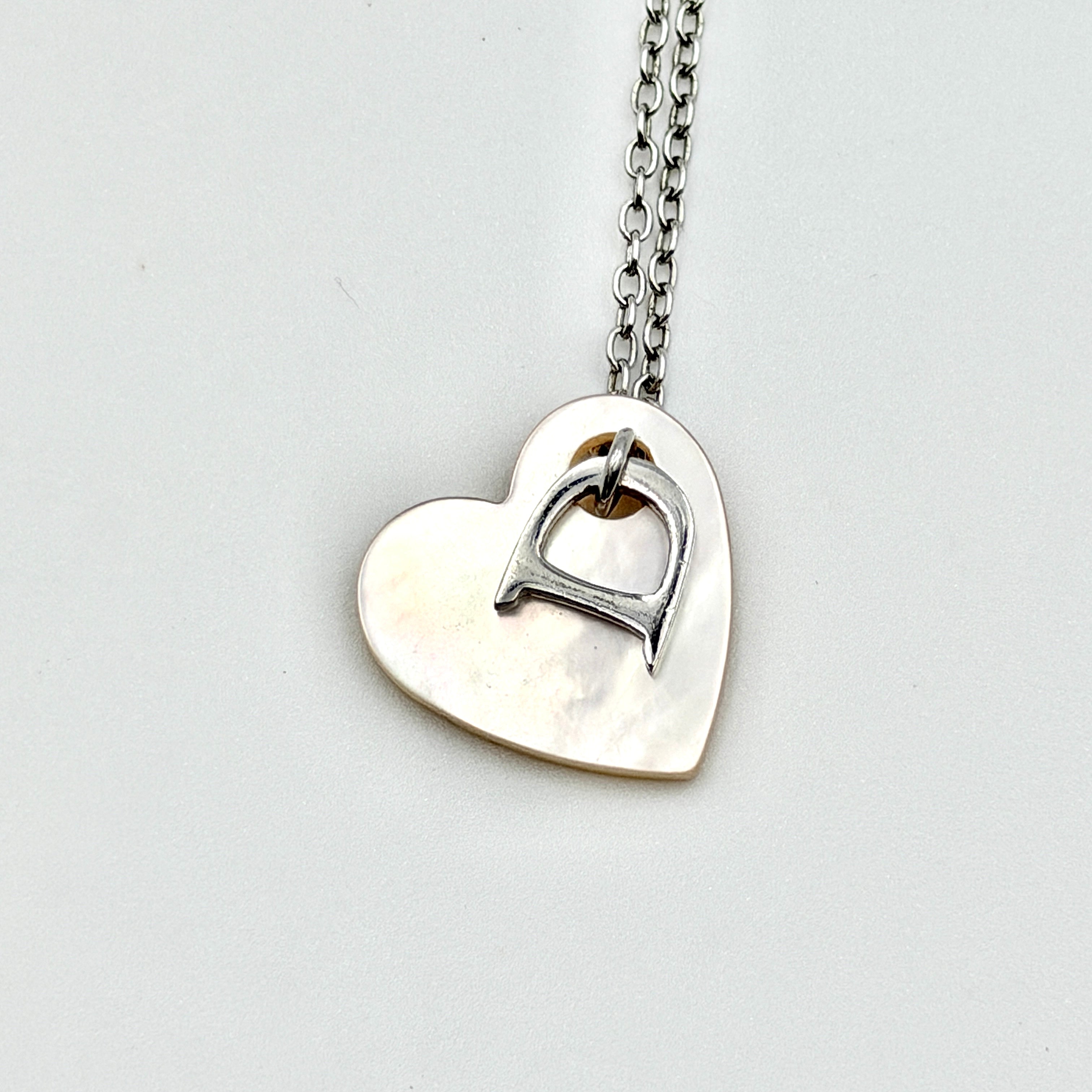 Dior D Logo Heart Mother of Pearl Necklace Silver