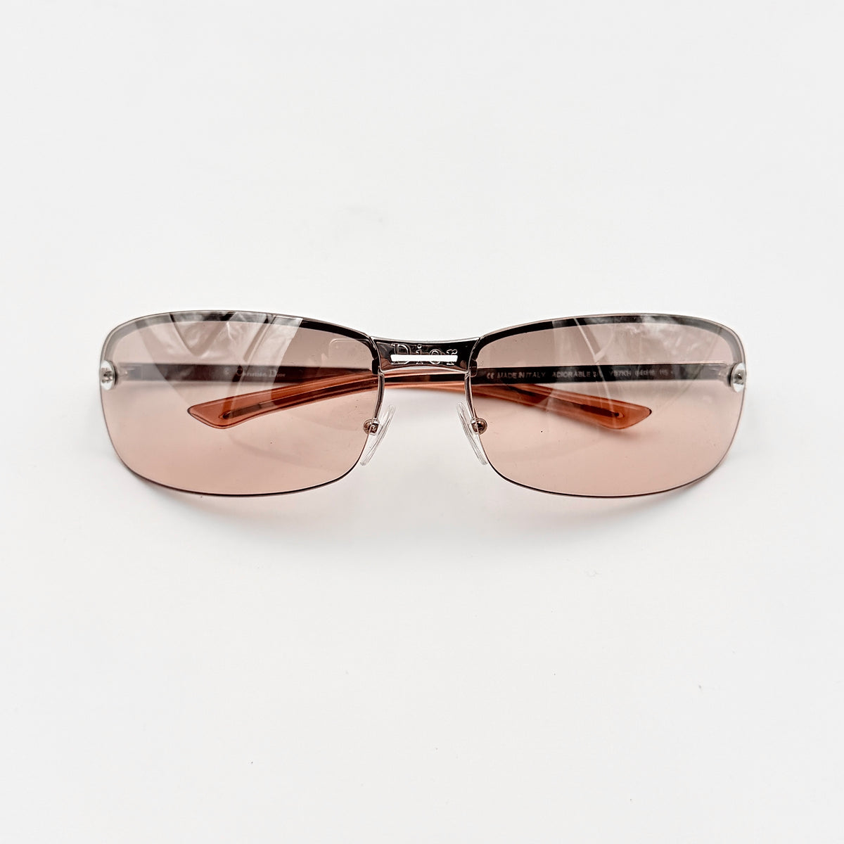 Dior Adiorable 3/L rimless sunglasses with rose pink gradient lenses and silver frame, presented with Dior hard case.
