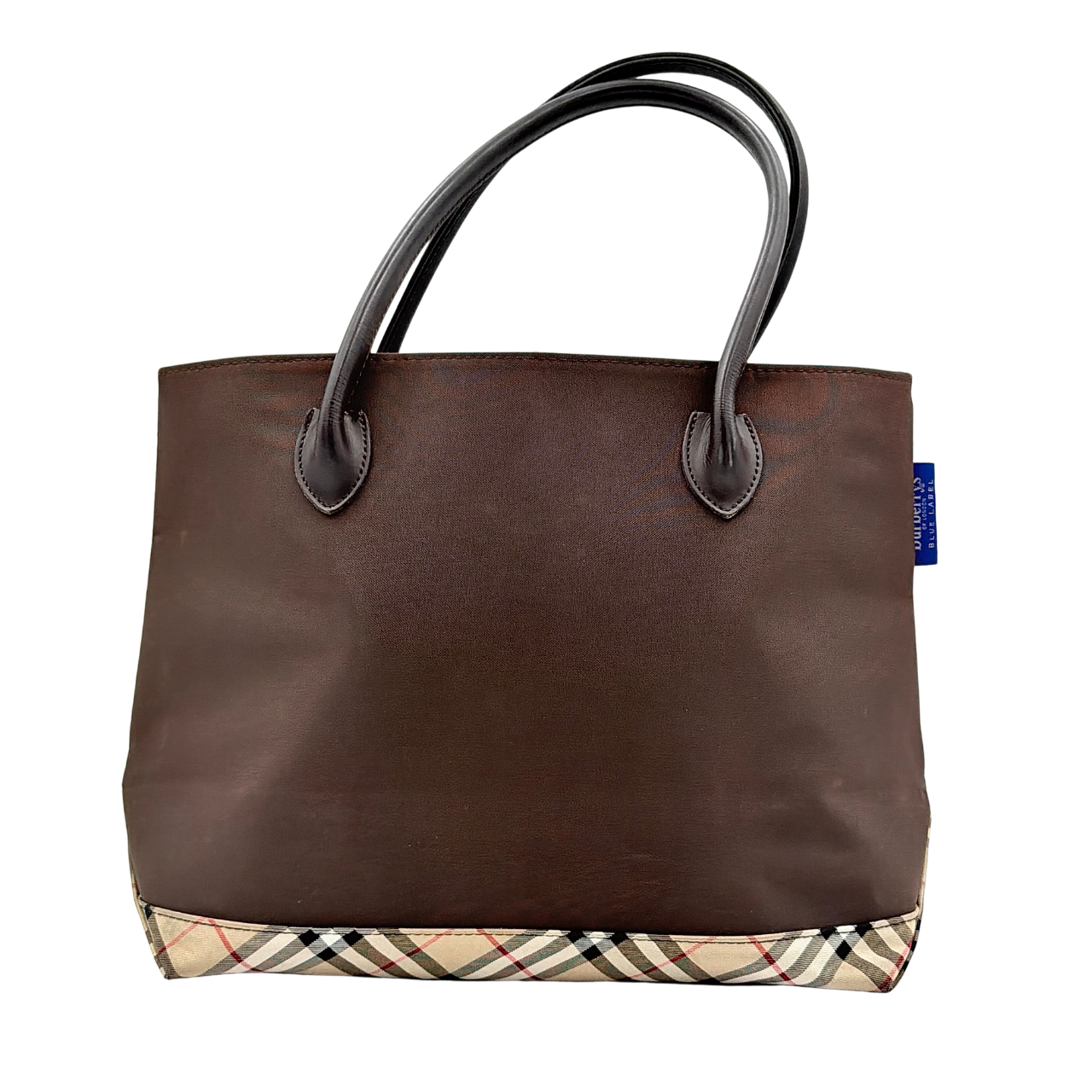 Burberry Blue Label nylon tote bag in brown with iconic check-detail base and structured double handles.