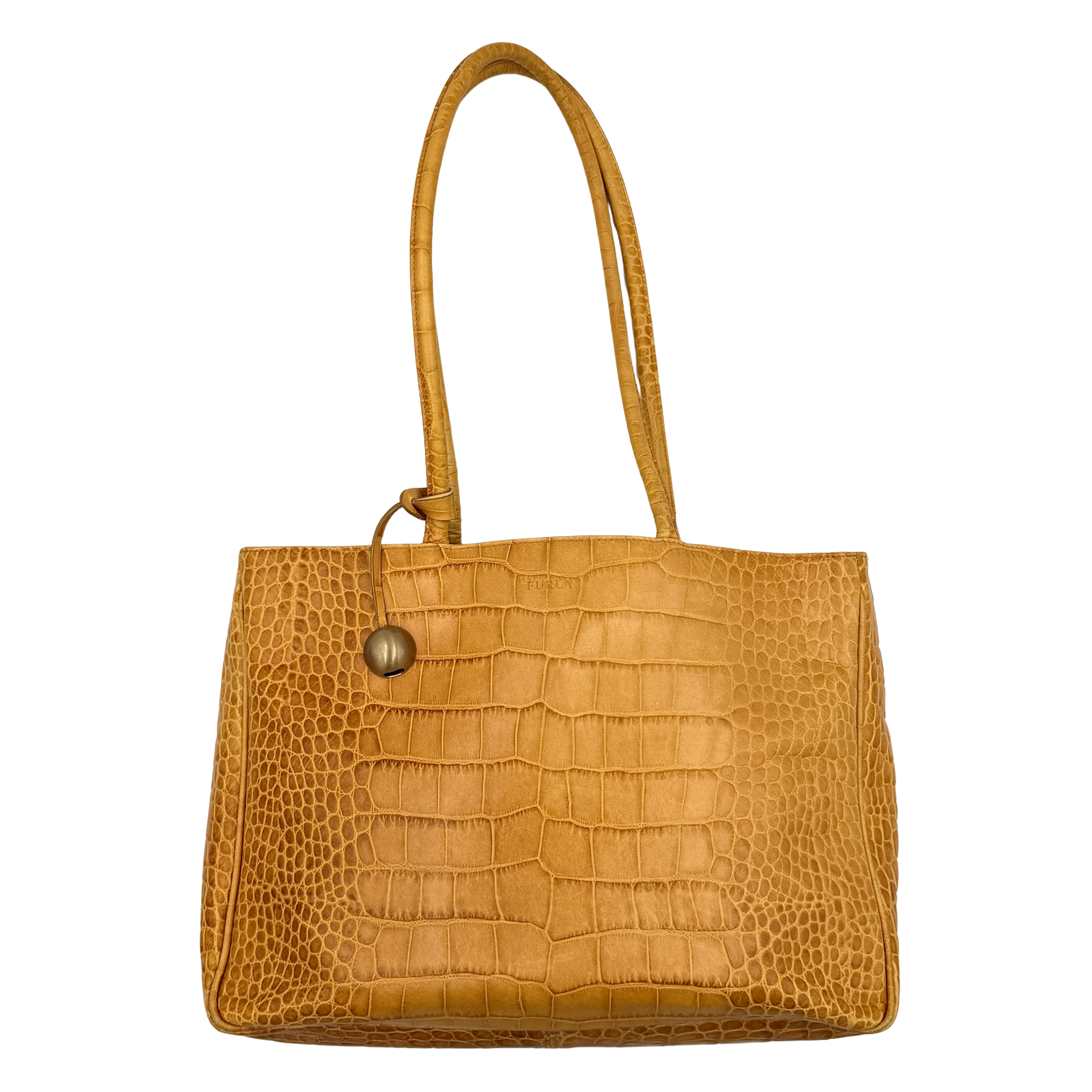 Furla yellow croc-embossed leather tote bag with double handles and matte gold logo charm, presented against a white background.