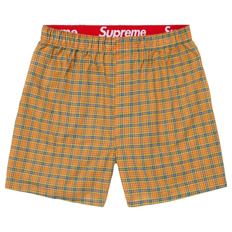 Supreme x Hanes multicolour plaid boxers 4 pack with original packaging, shown in four colours and iconic red Supreme waistband.