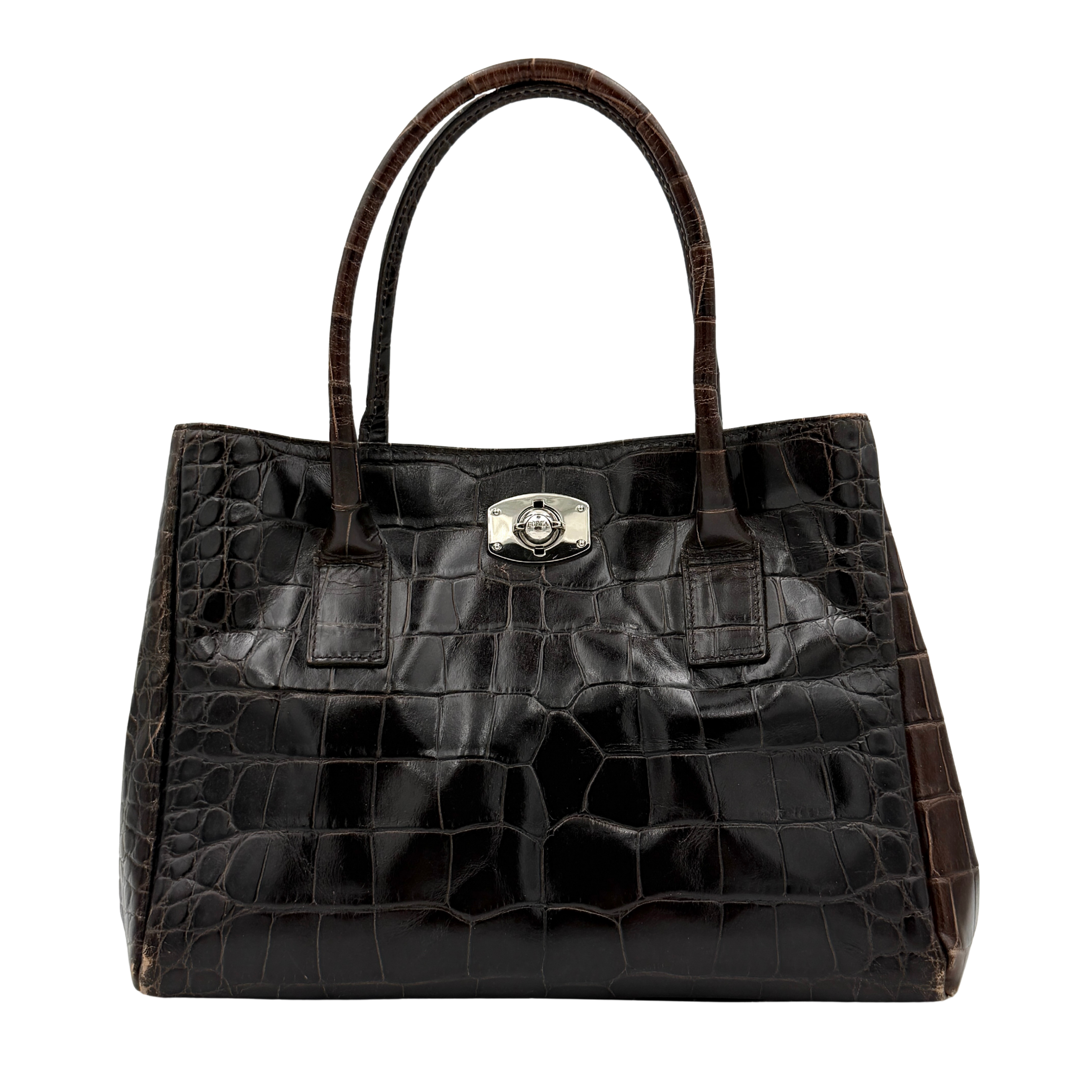 Furla croc-embossed dark brown leather handbag with structured silhouette, dual top handles, and silver turn-lock closure.