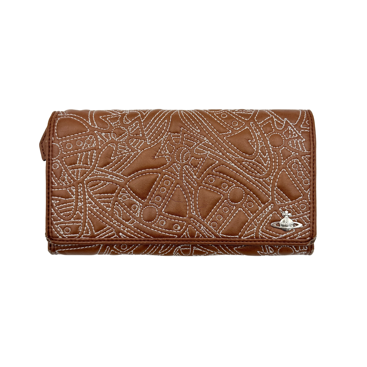 Vivienne Westwood long wallet in chestnut brown leather with white contrast stitching and silver orb embellishment.