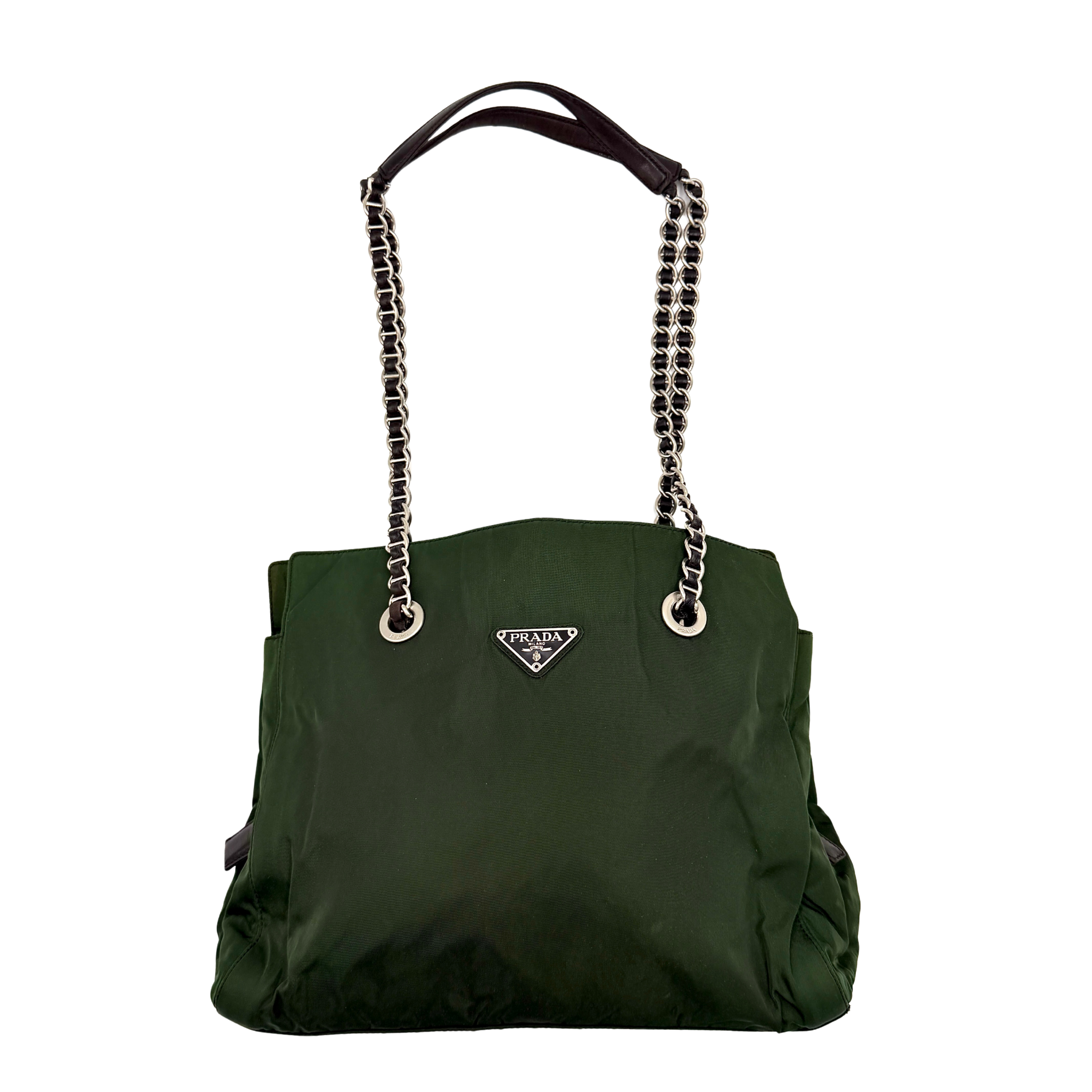 A Prada Tessuto Nylon Chain Shoulder Bag in deep green with silver-tone chain straps, featuring the iconic triangular logo on the front.