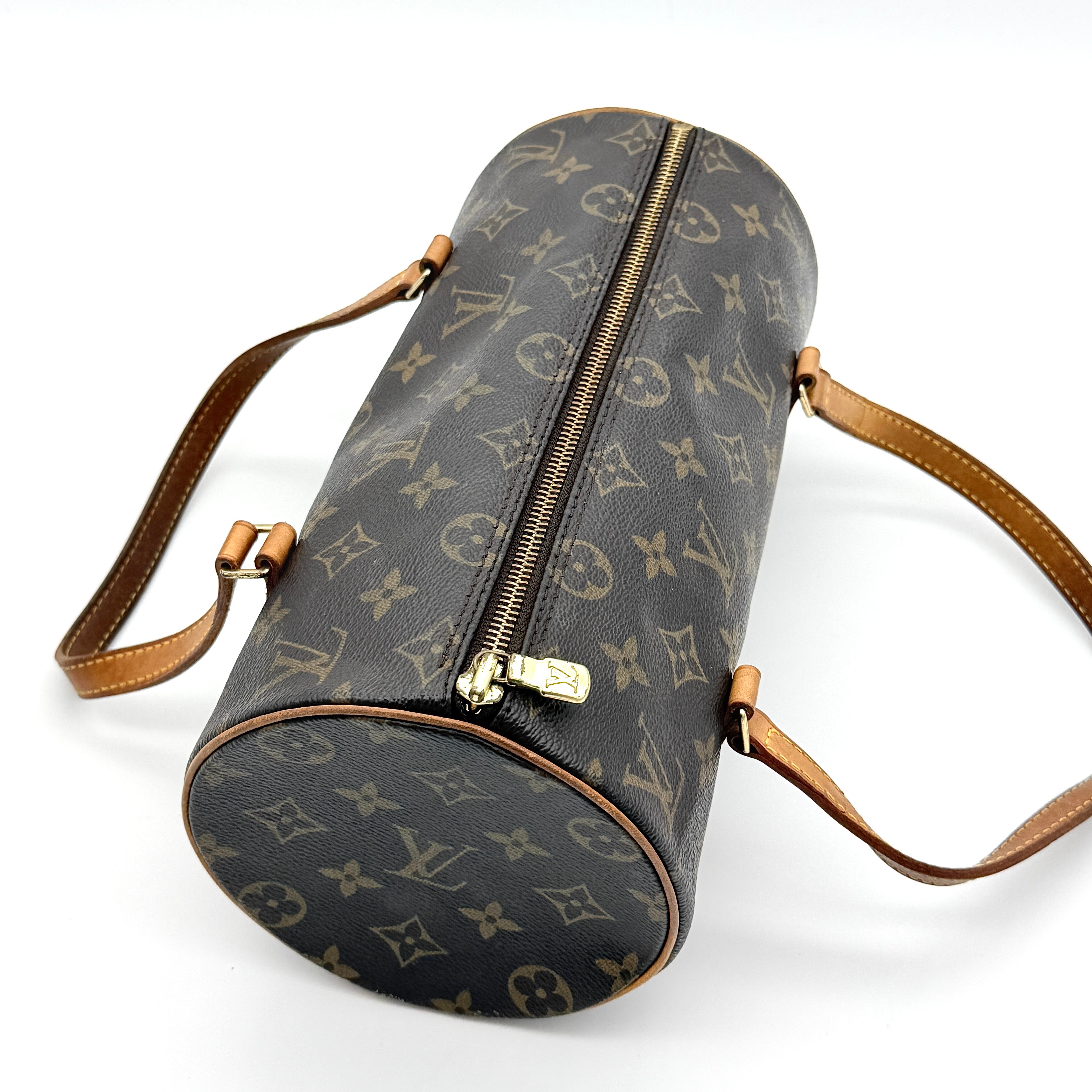 Louis Vuitton Papillon 26 in Monogram canvas with brown leather trim and gold-tone zip, shown against a white background.