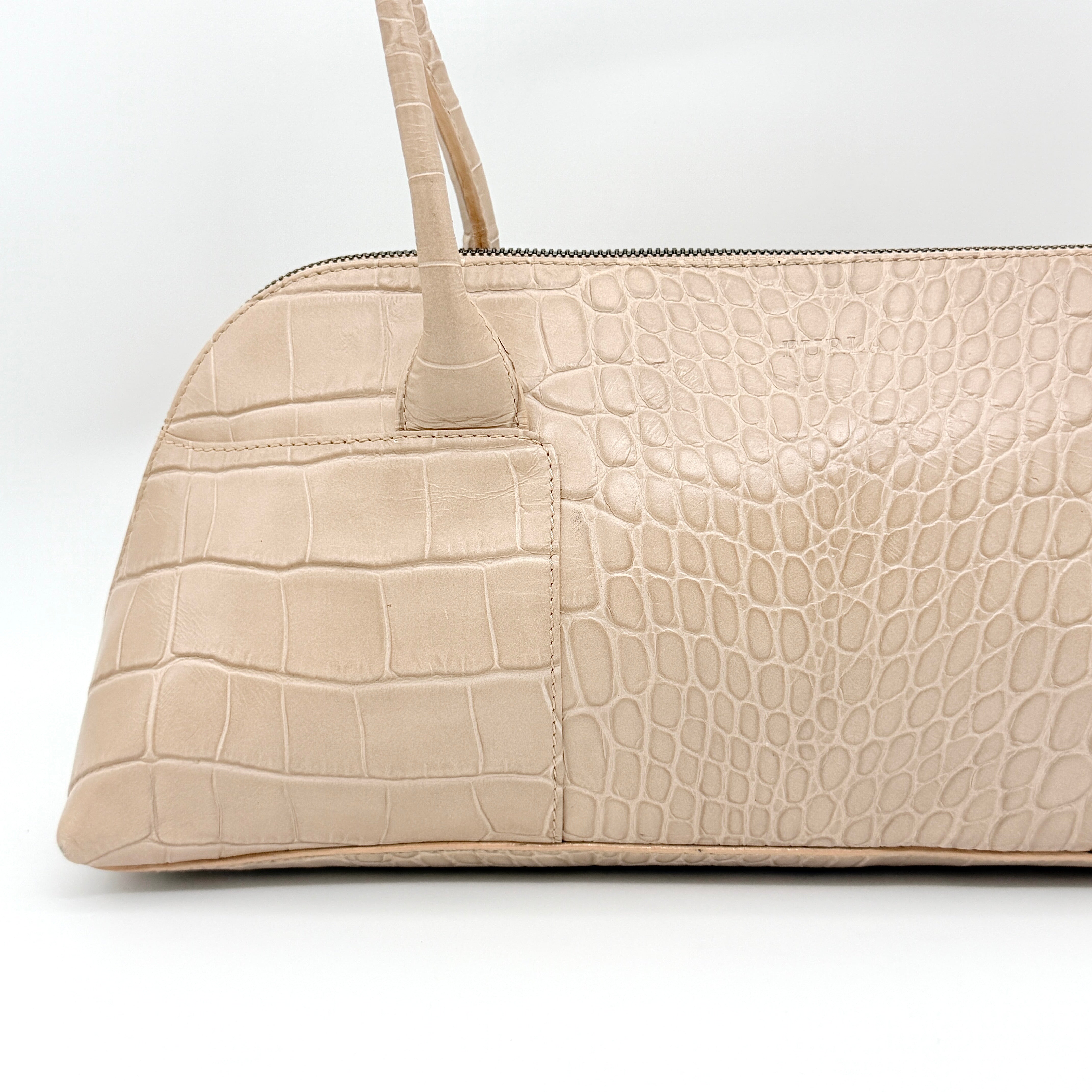 Furla Croc Embossed Leather Shoulder Bag Beige