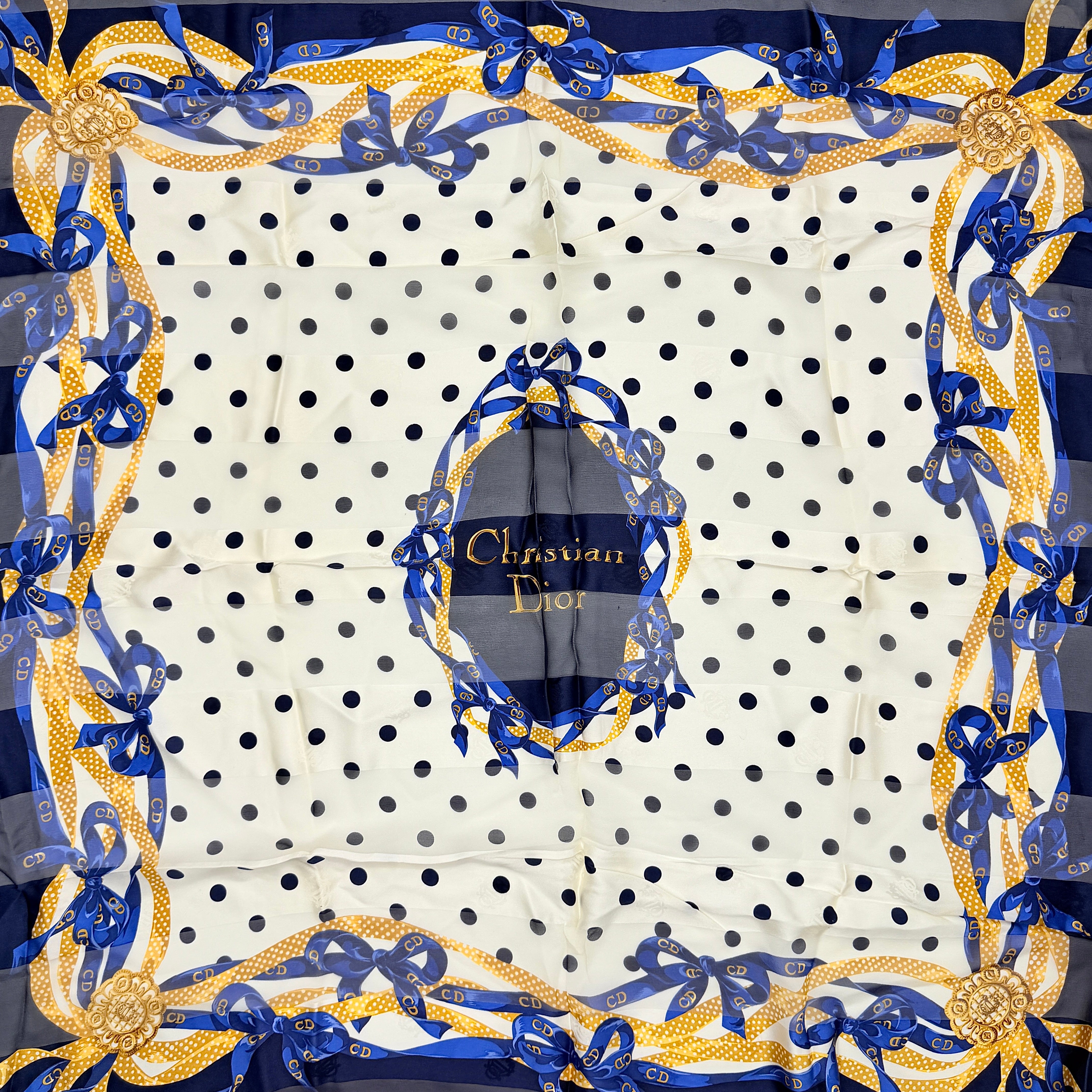 Dior Polka Dot Ribbon Silk Scarf Navy Blue