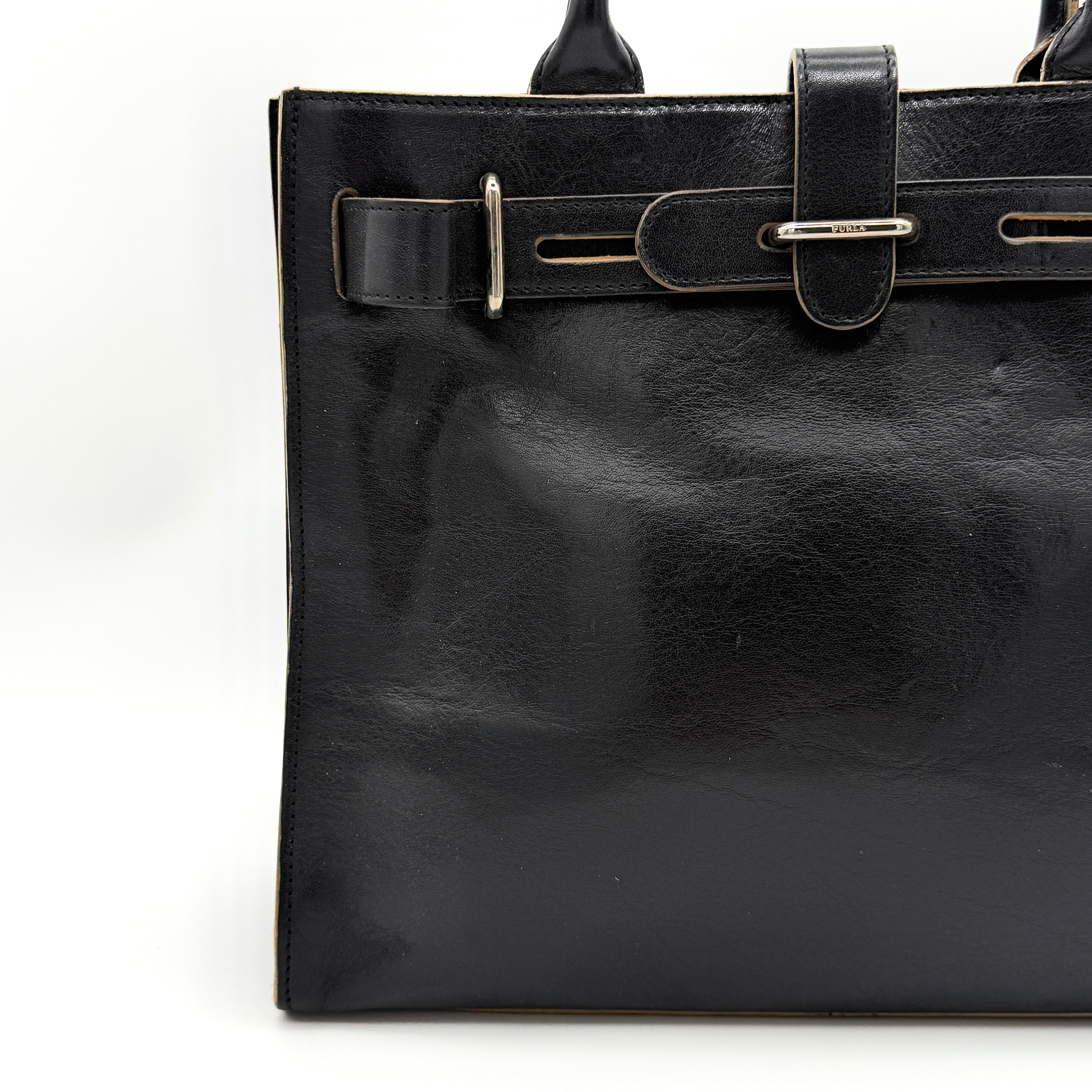 Furla Logo Plaque Leather Tote Bag Black