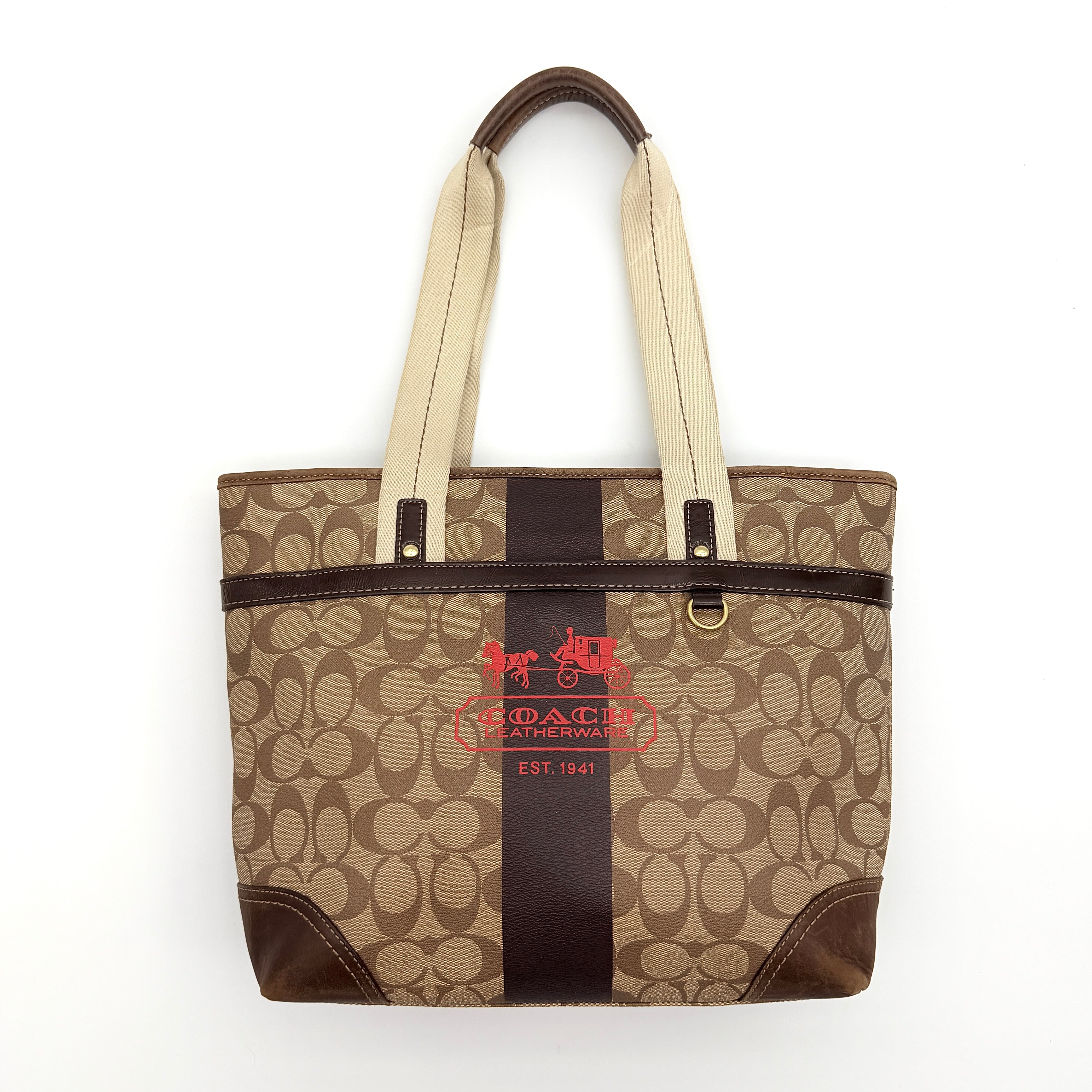 Coach Signature Heritage Stripe Tote Bag Beige/Brown