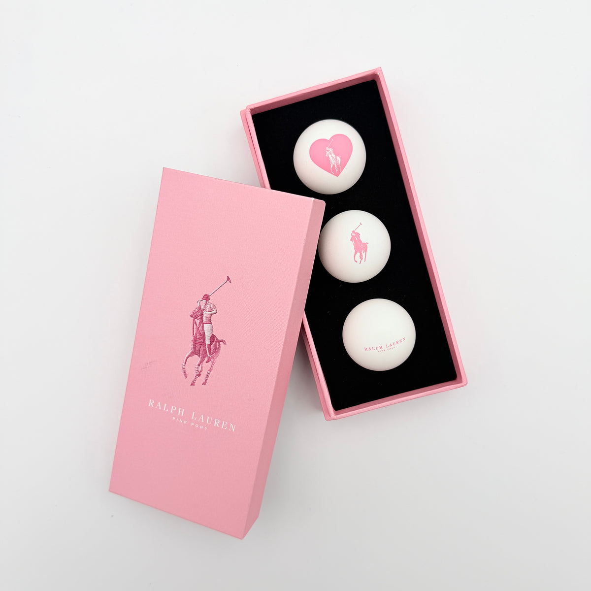Ralph Lauren Pink Pony table tennis balls set of three, presented in a pink gift box with signature Polo designs.