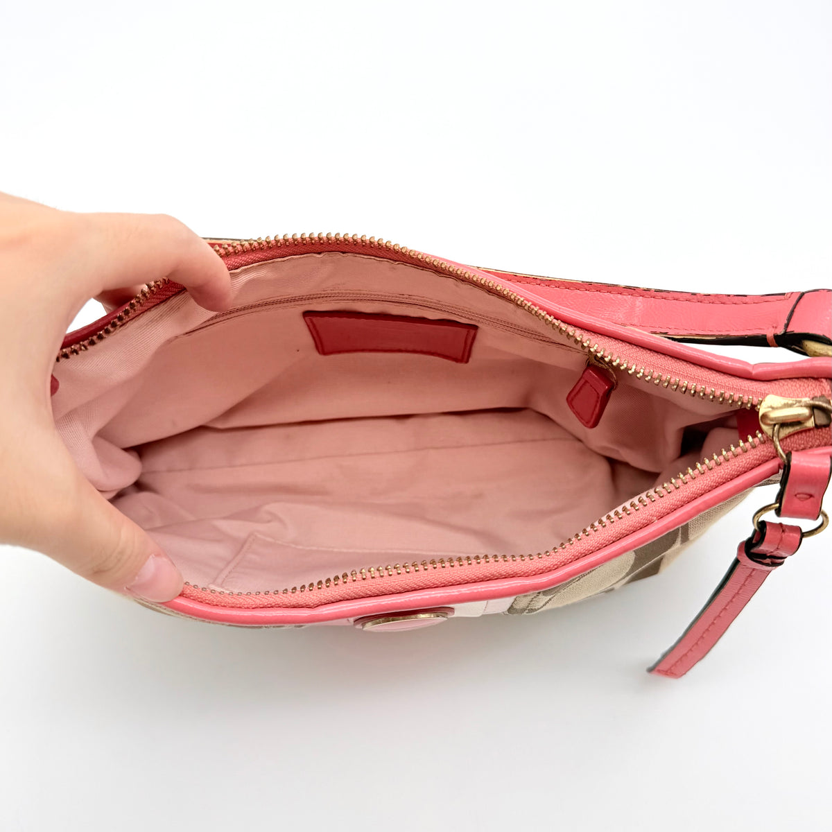 Coach 2Way Signature Stripe Shoulder Bag Beige/Pink