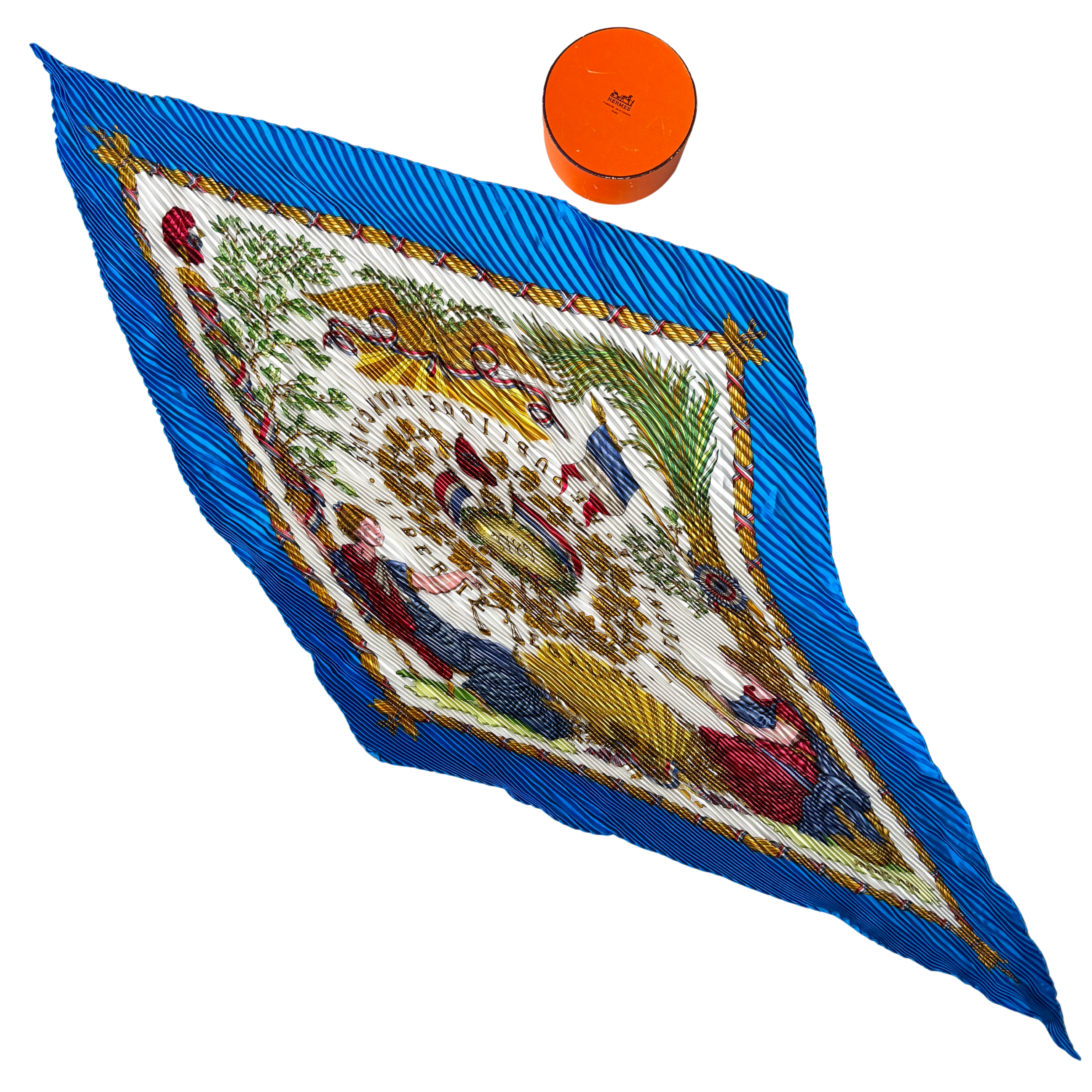 Hermès République Française Pleated Silk Scarf Blue