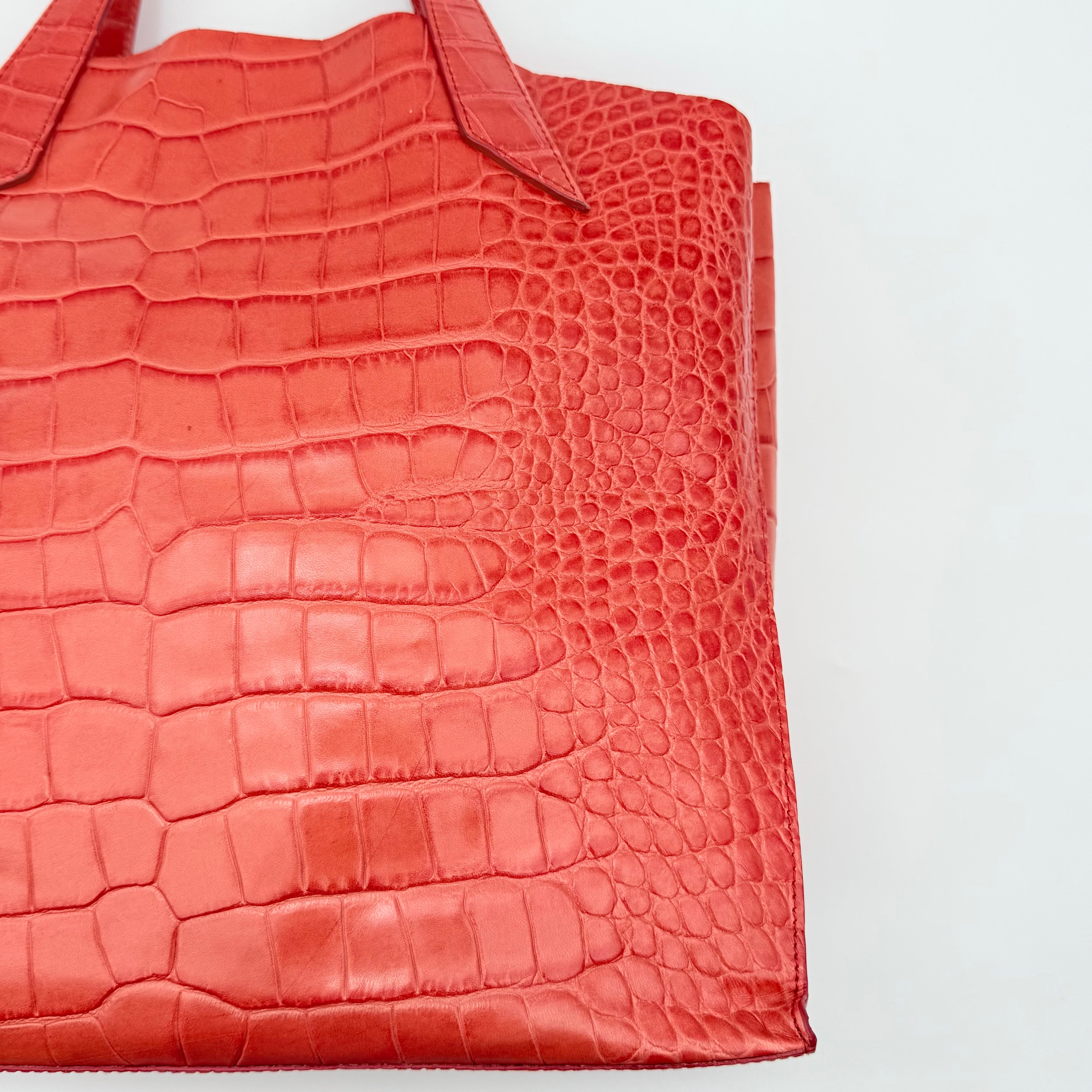 Furla Croc Embossed Leather Tote Bag Orange