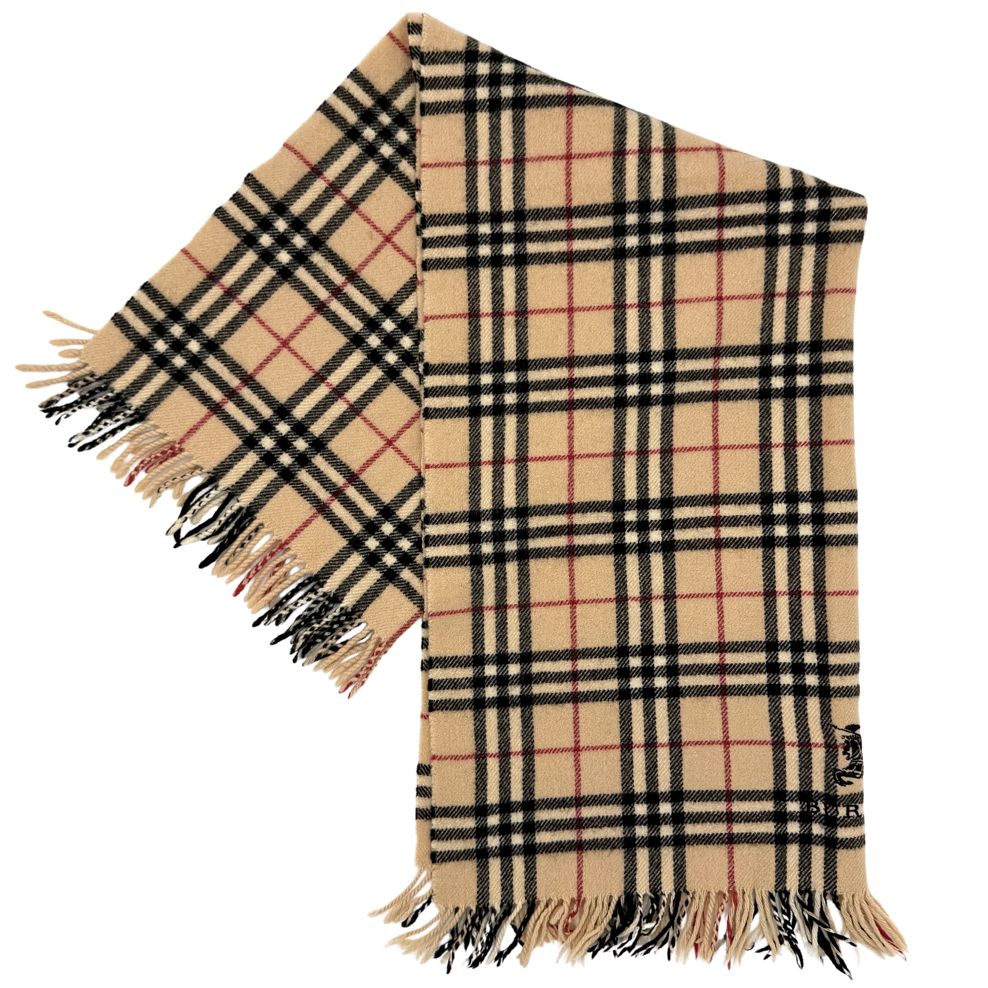Burberry Nova Check wool scarf with fringed edges and embroidered logo in a beige, black, and red tartan pattern.