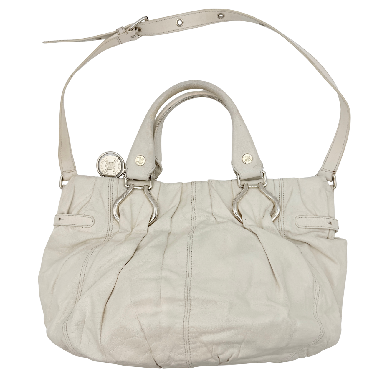 Celine 2Way Leather Shoulder Bag in white leather with architectural silver hardware, top handles, and an adjustable shoulder strap.
