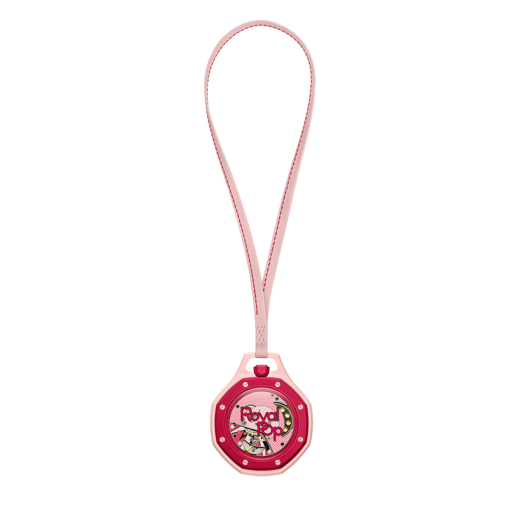 Swatch x Audemars Piguet Royal Pop Otto Rosso pendant watch in pink and red on a soft pink strap, featuring graphic dial details.