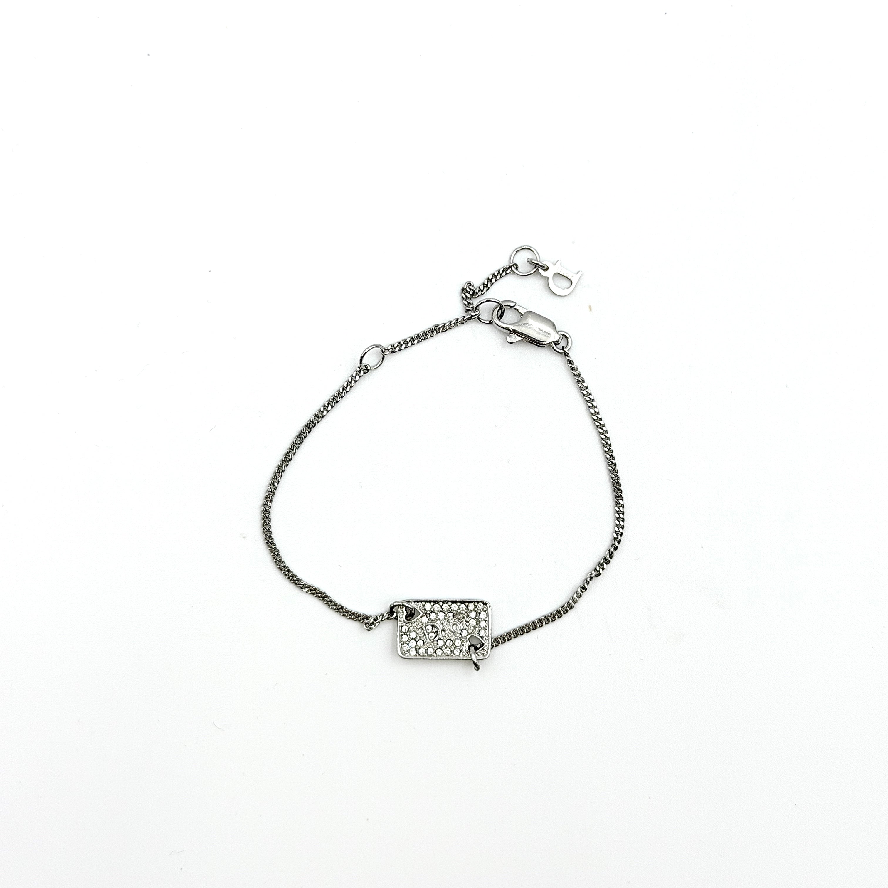 Dior Rhinestone Logo Plate Bracelet Silver