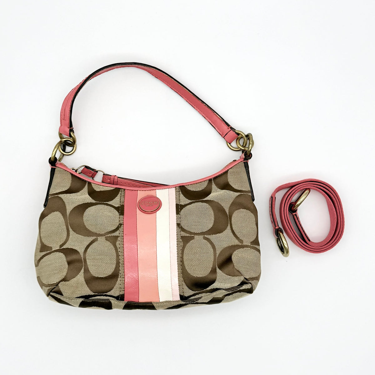 Coach 2Way Signature Stripe Shoulder Bag Beige/Pink