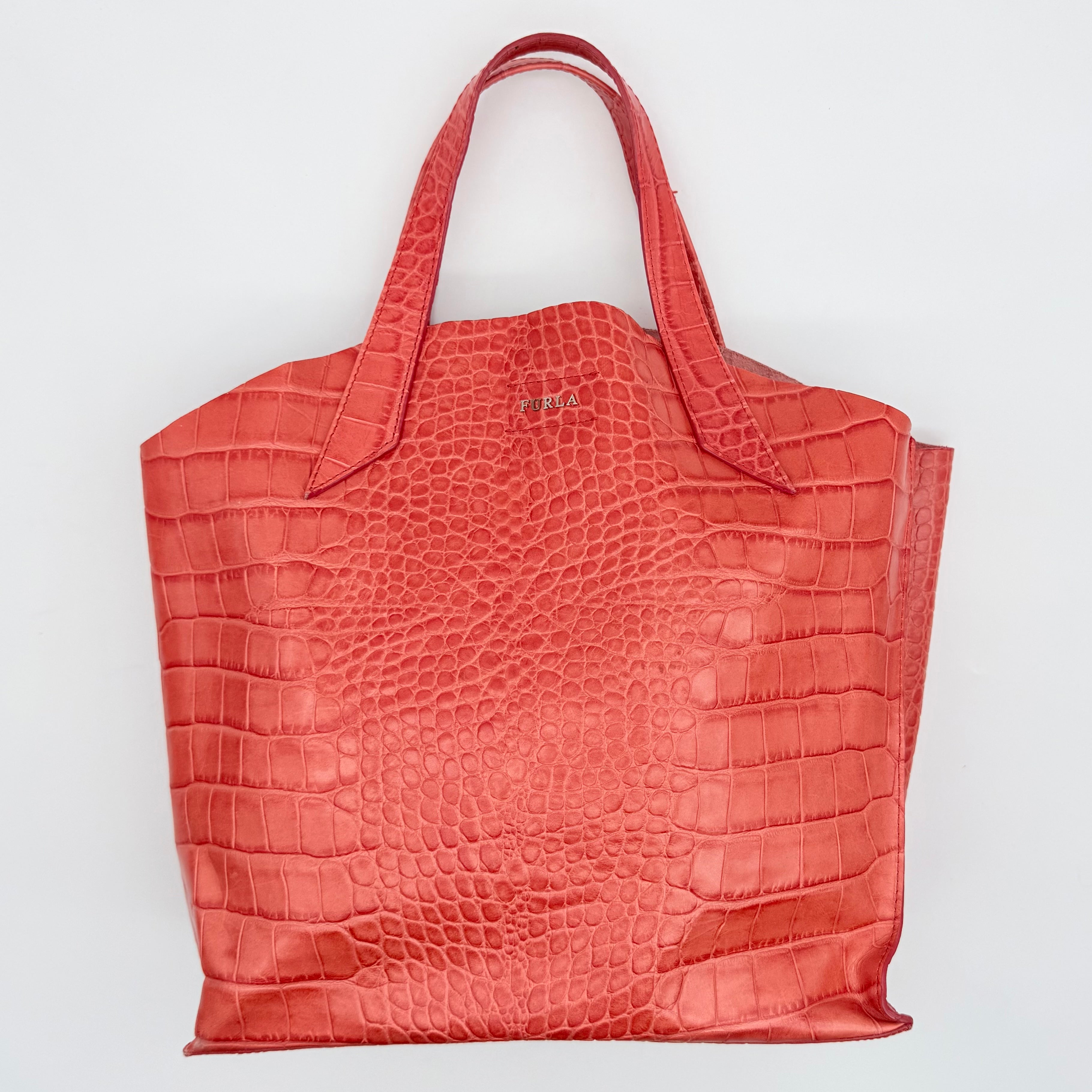 Furla Croc Embossed Leather Tote Bag Orange