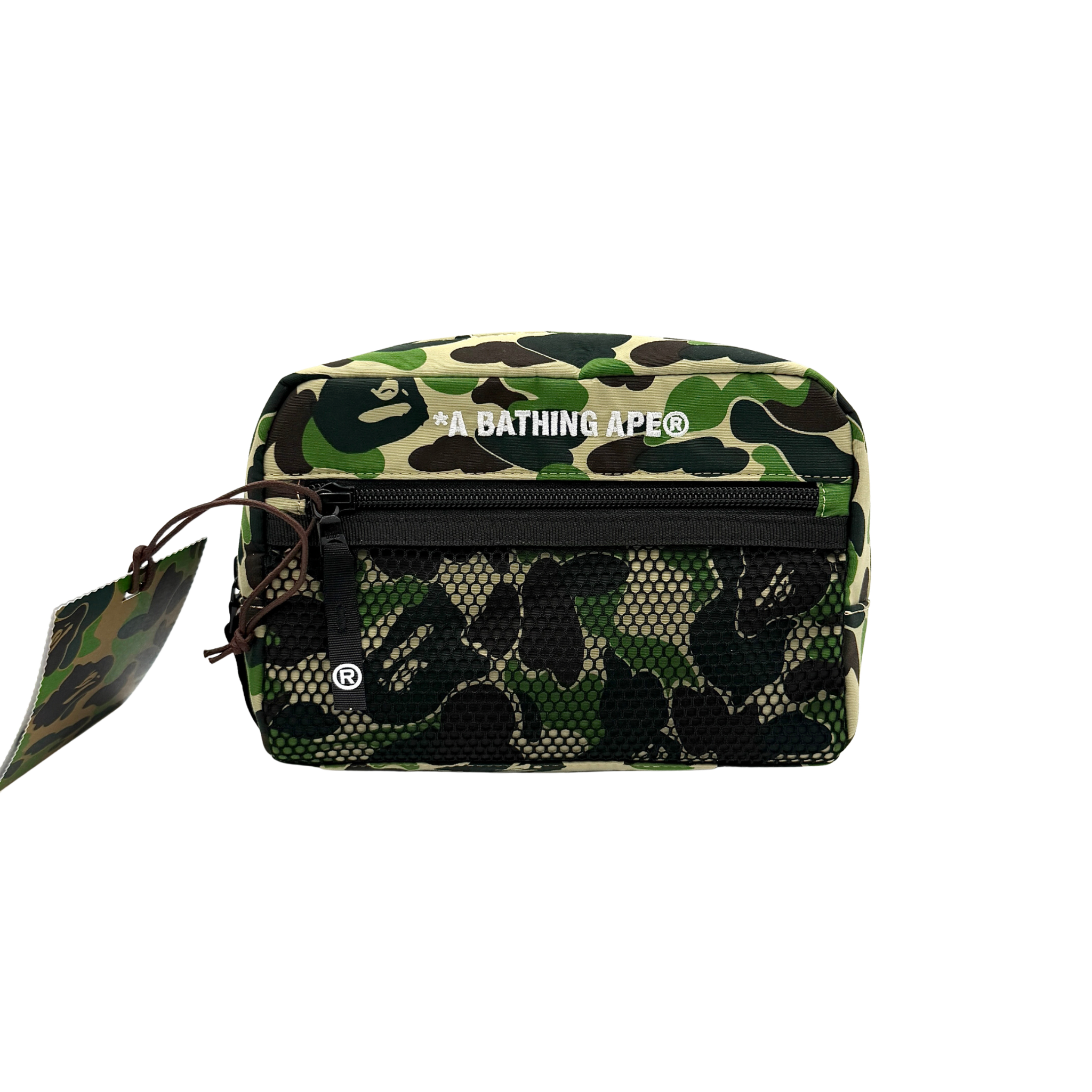 BAPE ABC Camo Pouch in green camouflage with mesh front pocket and embroidered A Bathing Ape logo.