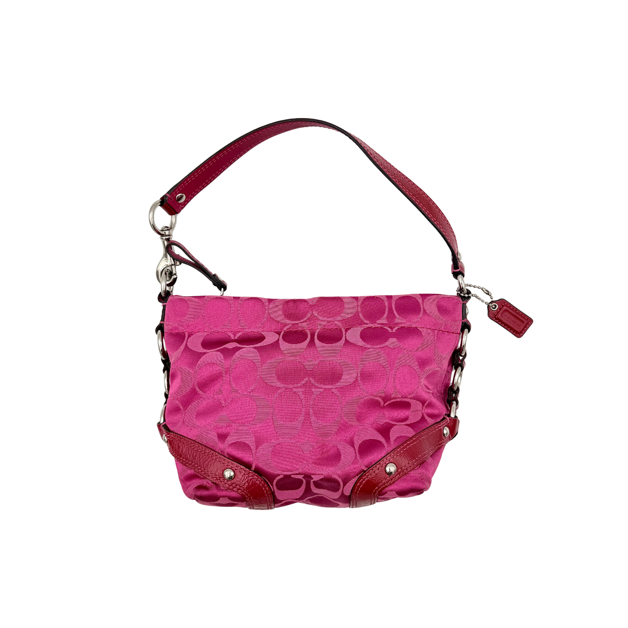 Coach Carly Hobo Shoulder Bag in vivid pink jacquard and leather, featuring signature chain detail and silver hardware.