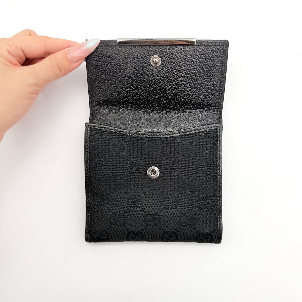 Gucci black GG Monogram French Flap Wallet with silver-tone bar hardware and original box.