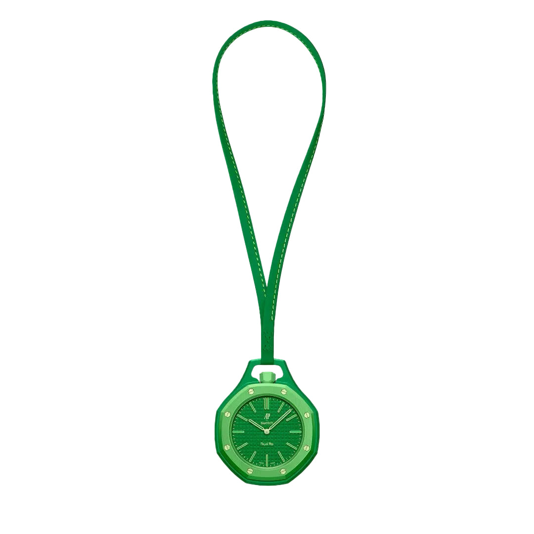 Front view of the Swatch x Audemars Piguet Royal Pop Green Eight with green octagonal case and lanyard.