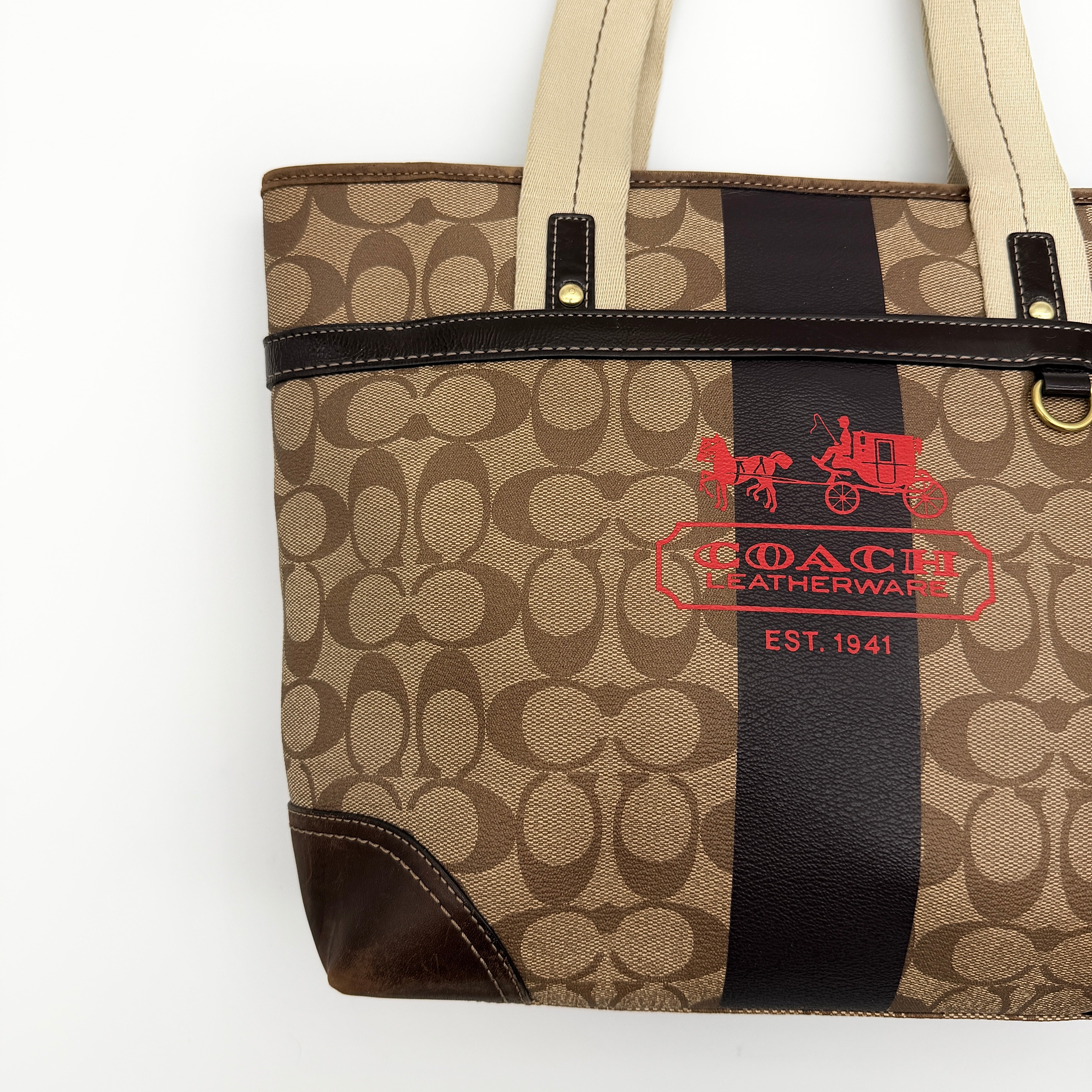 Coach Signature Heritage Stripe Tote Bag Beige/Brown