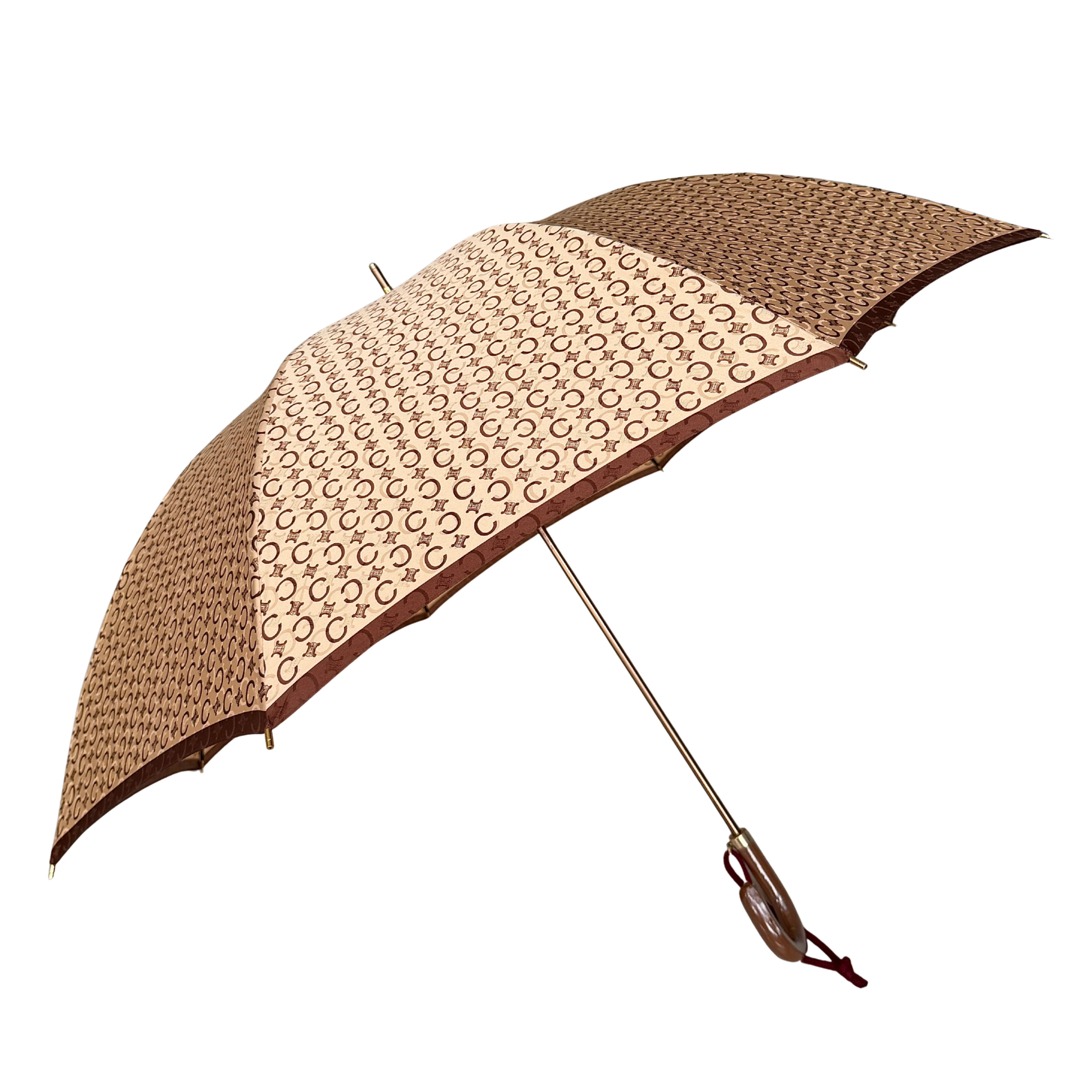 Celine Macadam Monogram Umbrella in brown and beige with classic curved handle and signature all-over logo pattern.