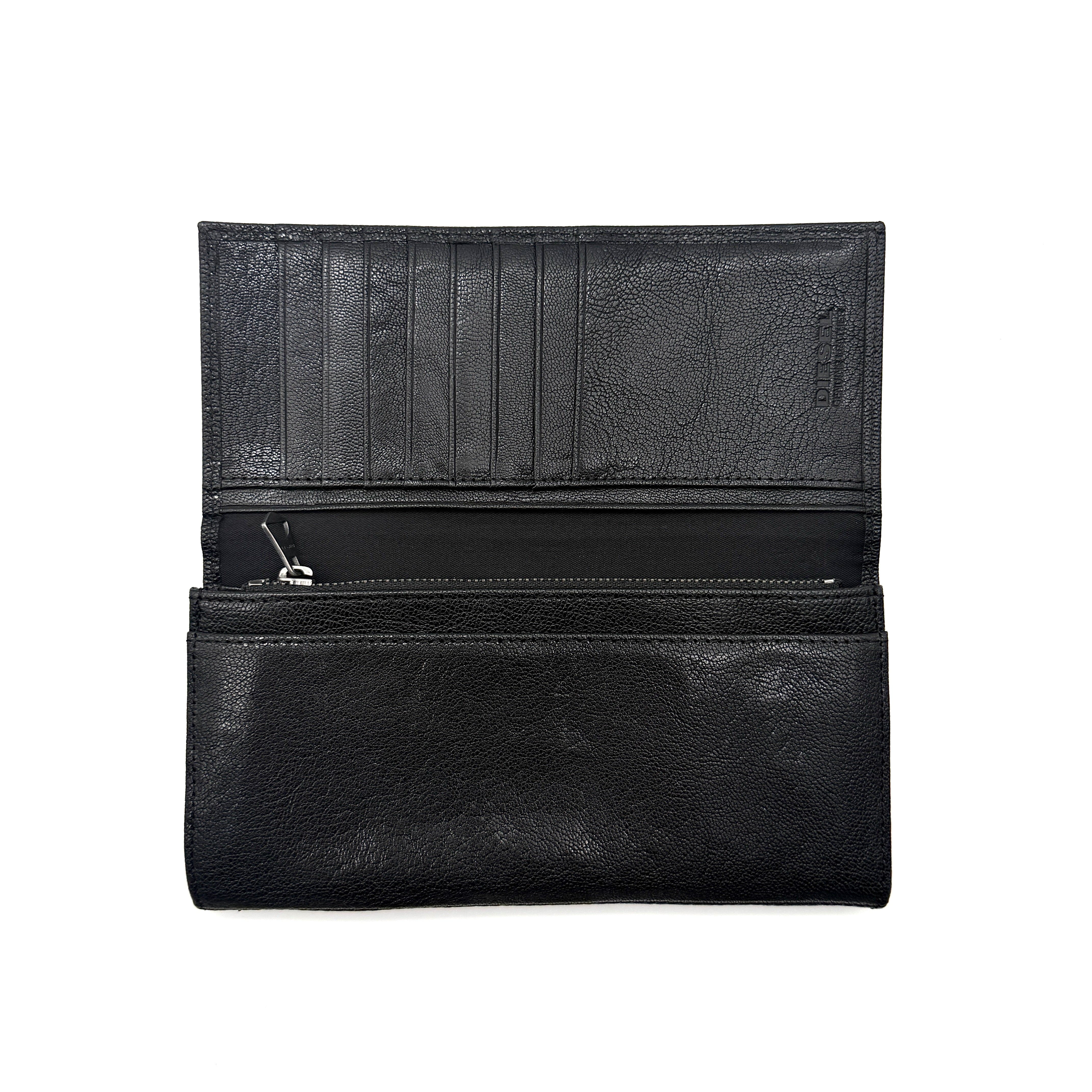Diesel Logo Plaque Leather Long Wallet Black