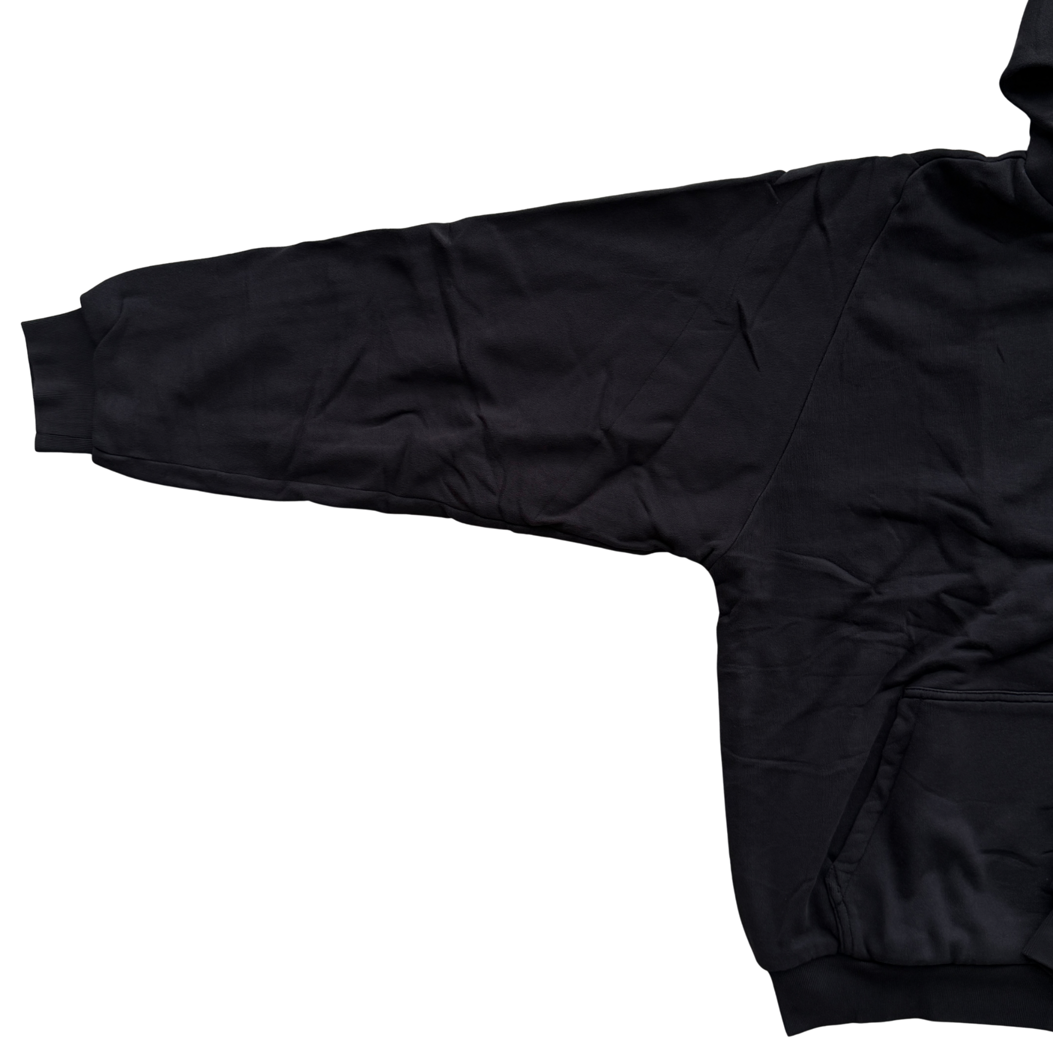 Yeezy x Gap black XL zip up hoodie with hood and front pocket, laid flat showing entire front.
