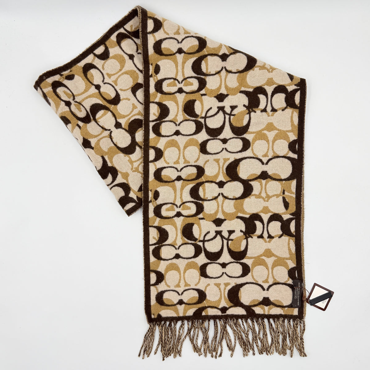 Coach Signature C Reversible Wool-Cashmere Fringe Scarf Brown/Cream