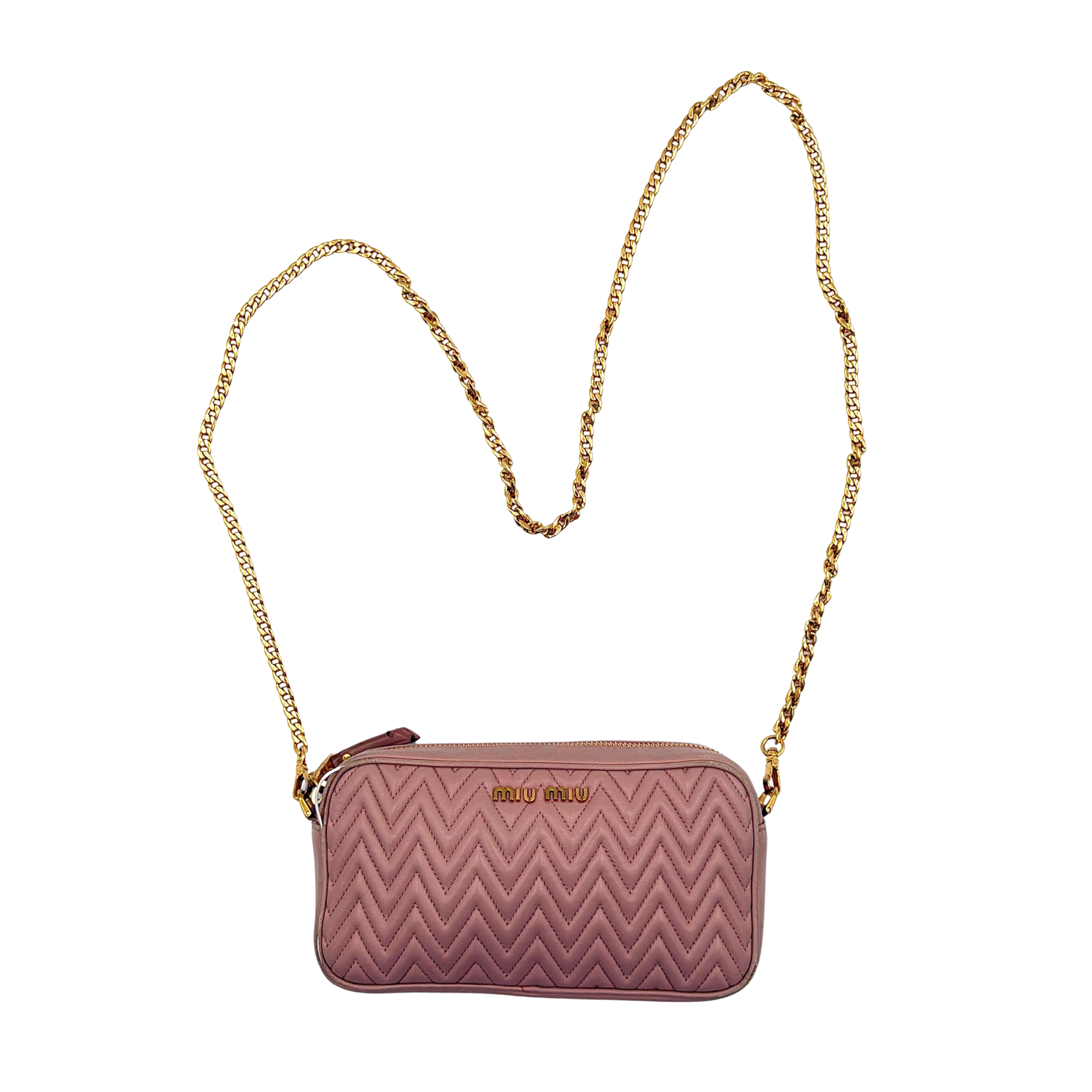 Miu Miu dusty pink quilted nappa mini crossbody bag with gold-tone chain strap and zip closure, showcased on a clean white background.