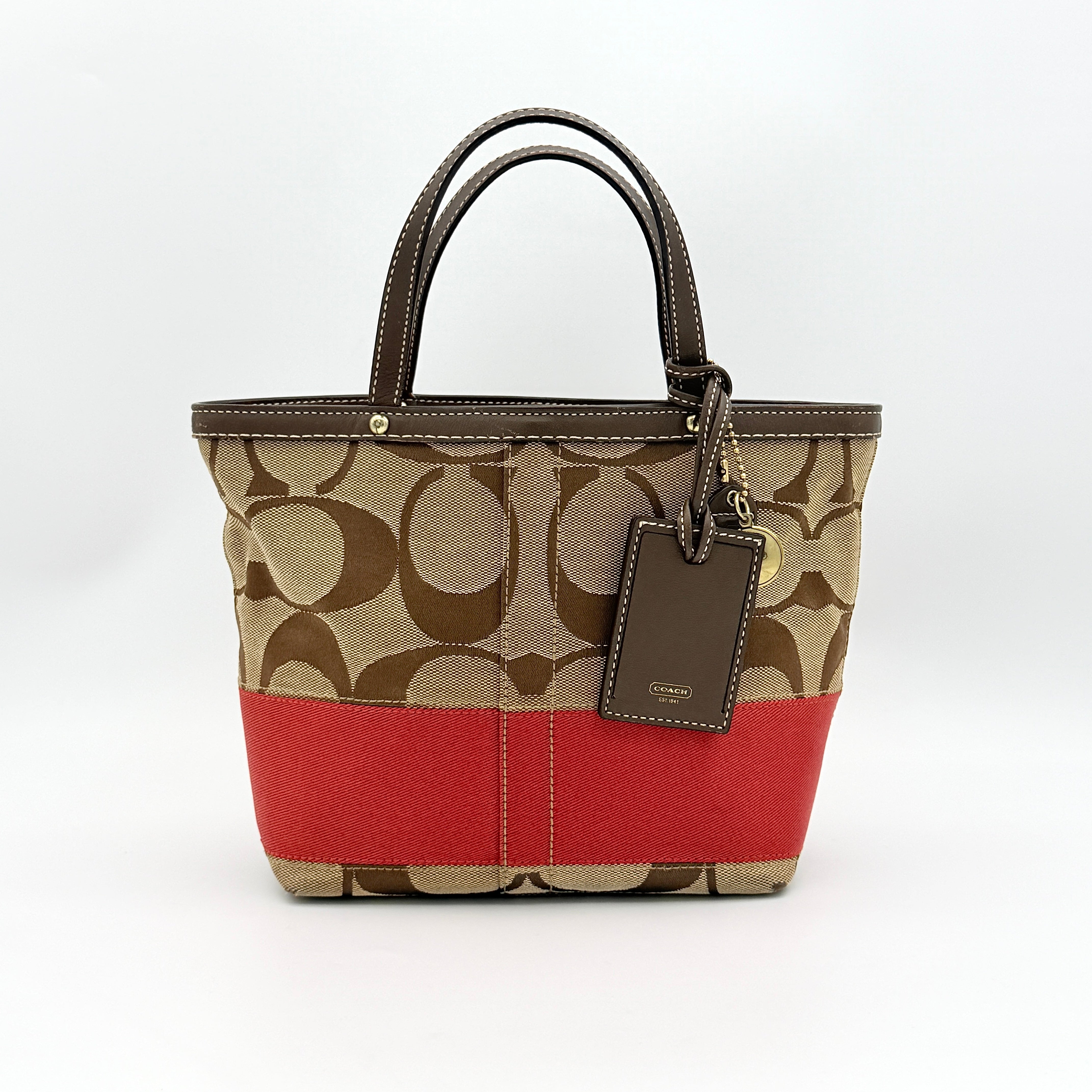 Coach Signature Stripe Tote Bag Beige/Red