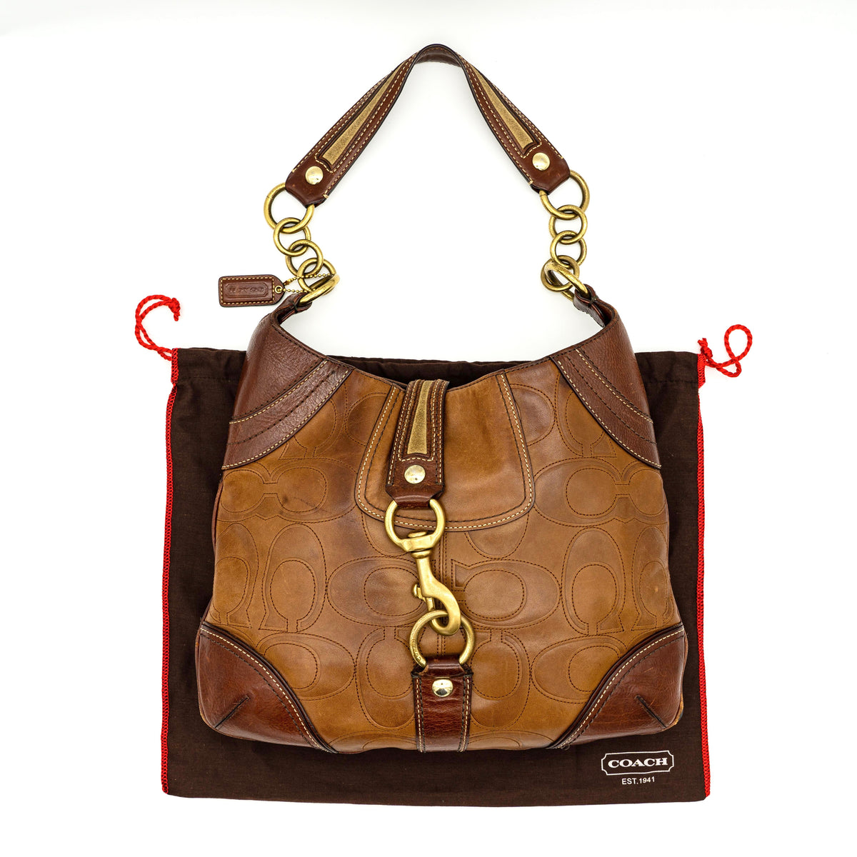 Coach Signature Embossed Hampton Hobo Shoulder Bag Brown