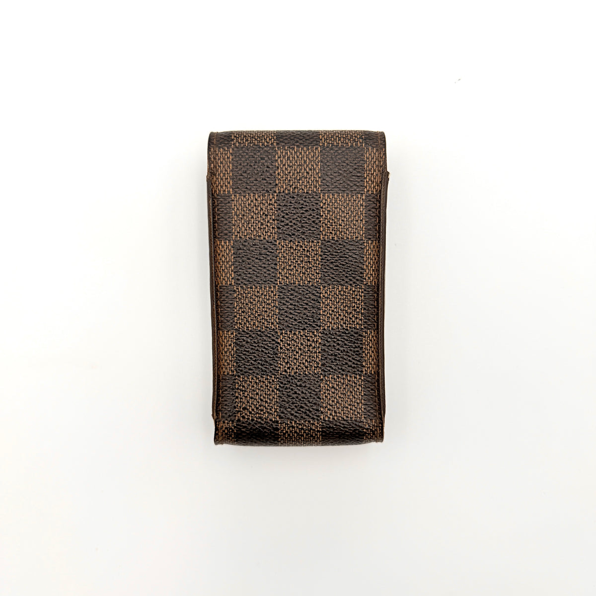 Louis Vuitton Damier Ebene Cigarette Case in brown coated canvas with original box, dust bag, and cards displayed.