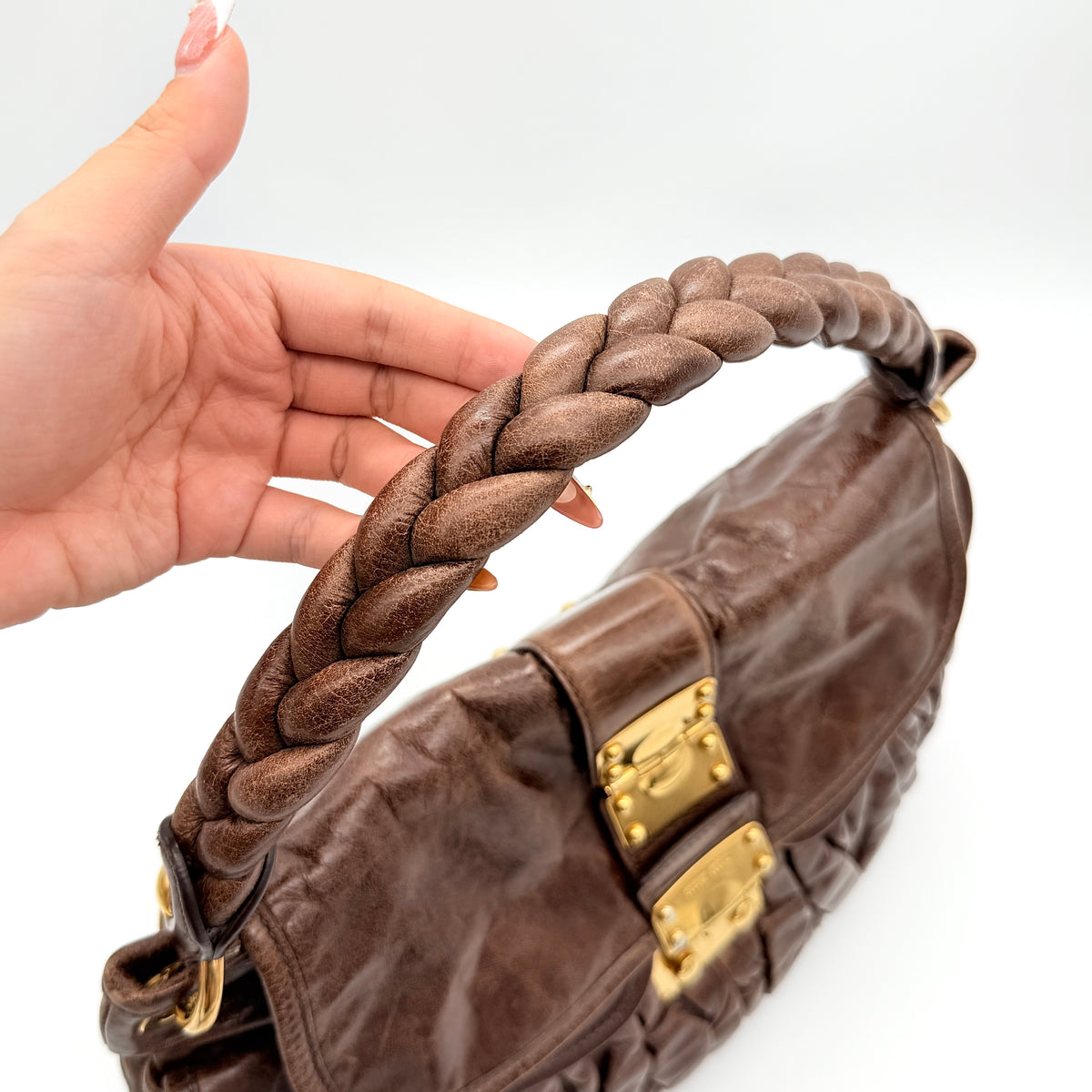 Miu Miu 2Way Matelasse Coffer Hobo Shoulder Bag Dark Brown