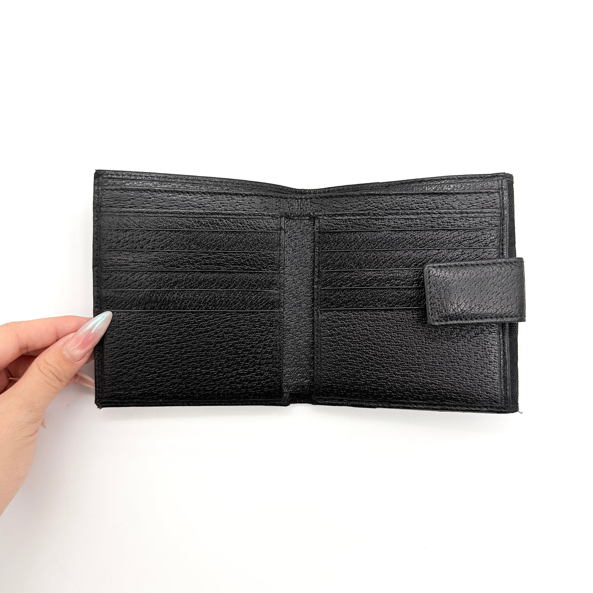 Gucci black GG Monogram French Flap Wallet with silver-tone bar hardware and original box.